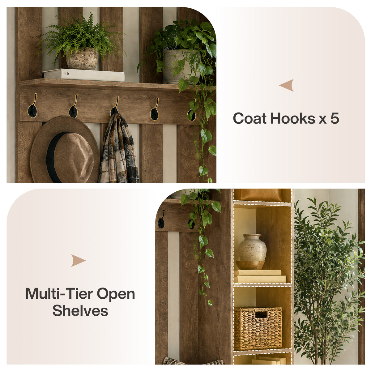 70.9" Room Divider, Farmhouse Wall Partition with Storage Shelves, 5 Hooks & Shoe Bench