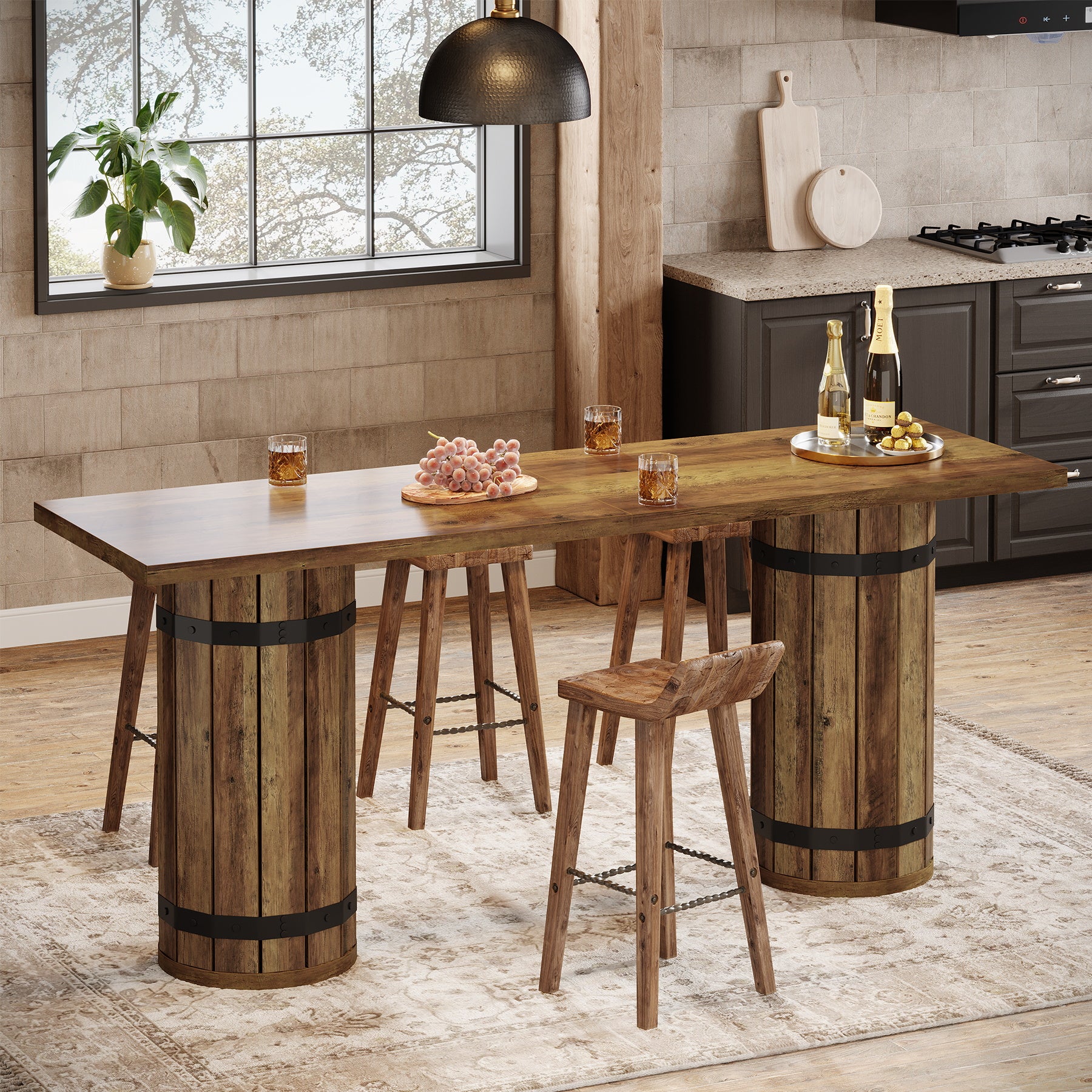 70.9" Bar Table, Rectangular Counter Height Pub Table with Fence Pedestal Base