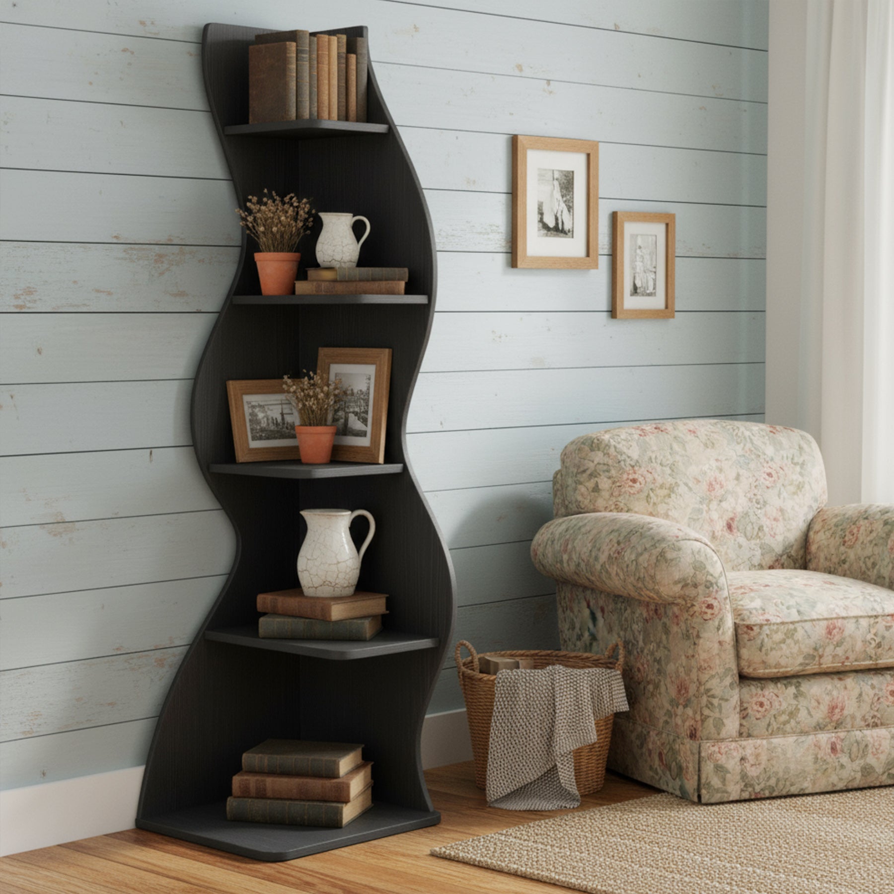 5-Tier Corner Bookcase, Rustic Freestanding Corner Shelf for Small Spaces