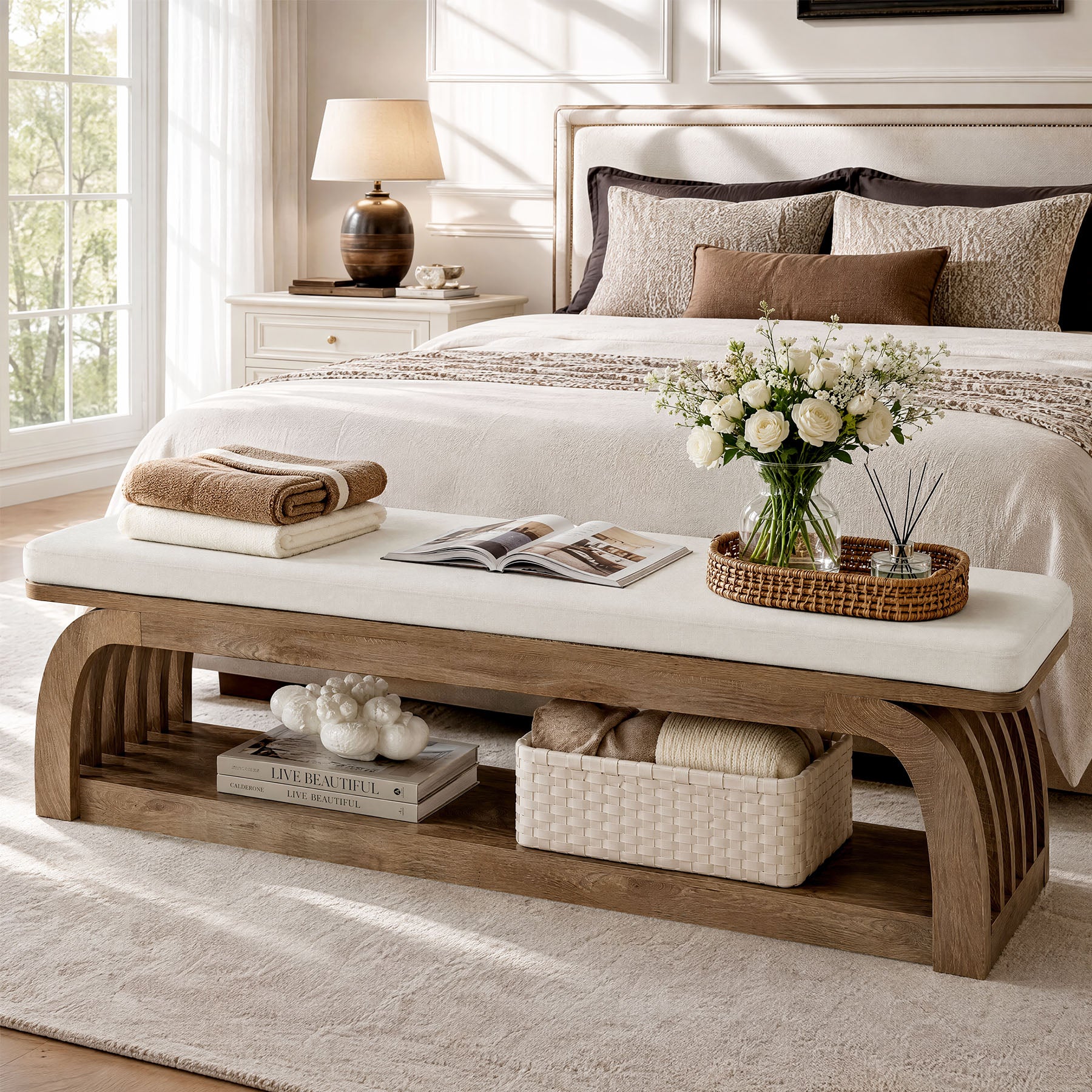 55" Upholstered Entryway Bench, 2-Tier Shoe Storage Bench with Hollow Legs for Hallway