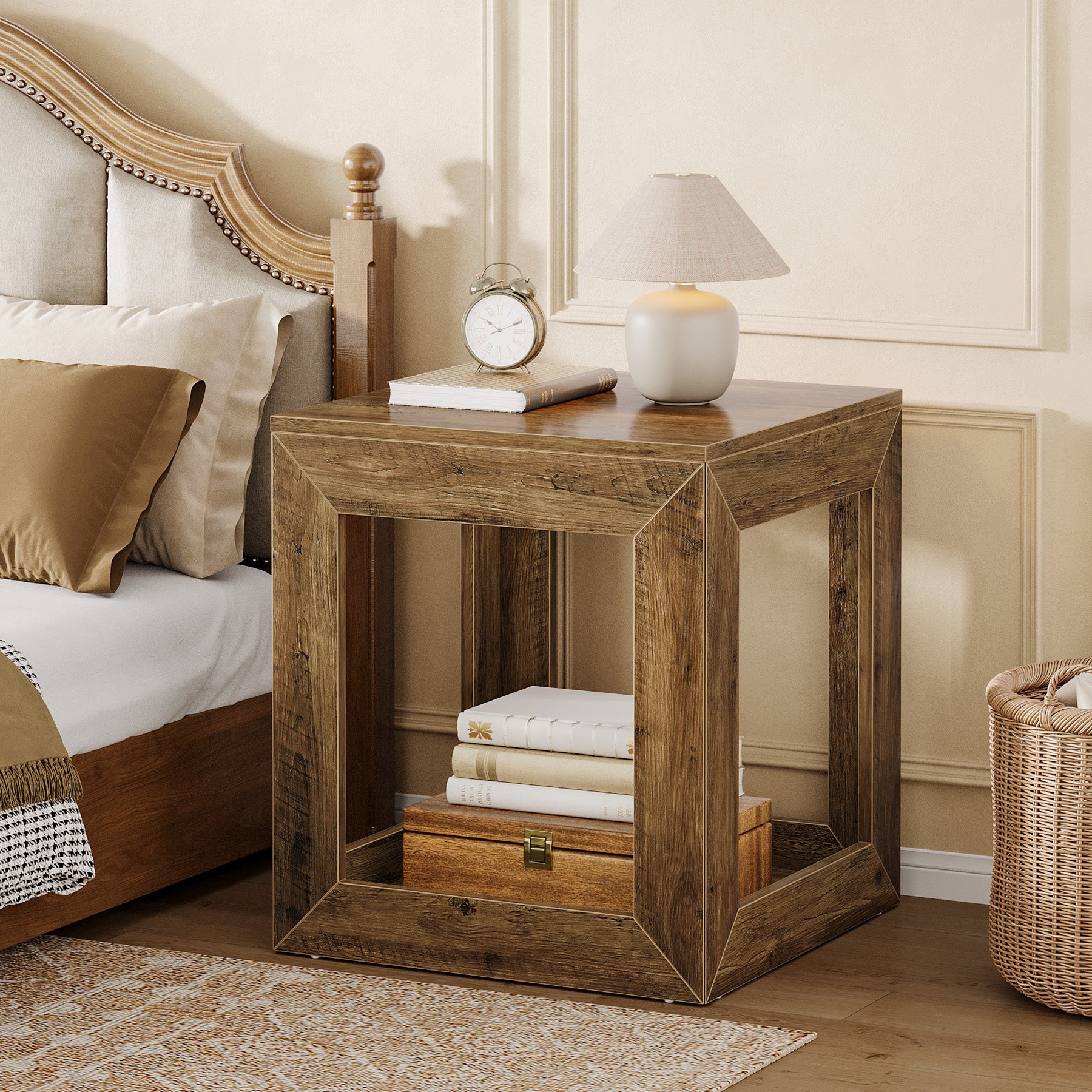 Square End Table, 9.7" Side Table Nightstand with 2-Tier Storage Shelf