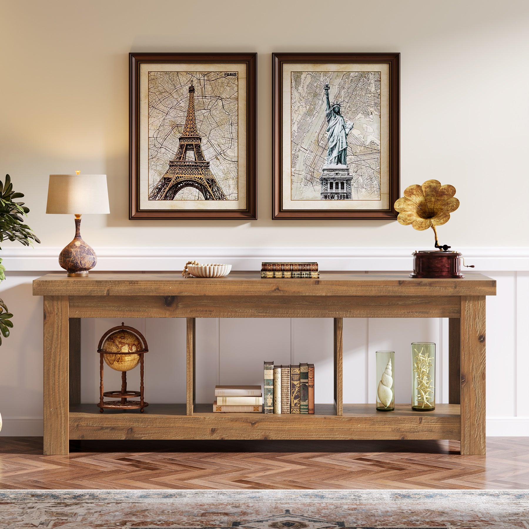 Solid Wood Console Table, 63" Sofa Entryway Table With 3 Open Shelves