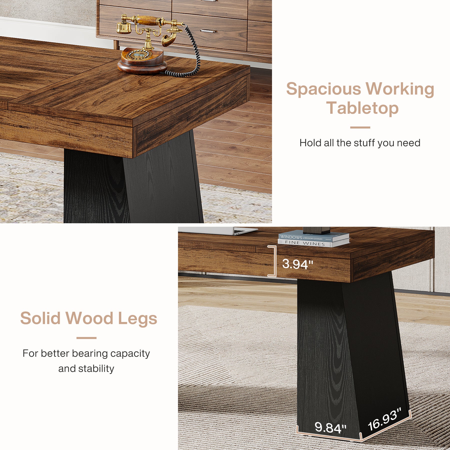 55" Executive Office Desk with Double Trapezoid Base, Modern Wooden Computer Desk for Home Office