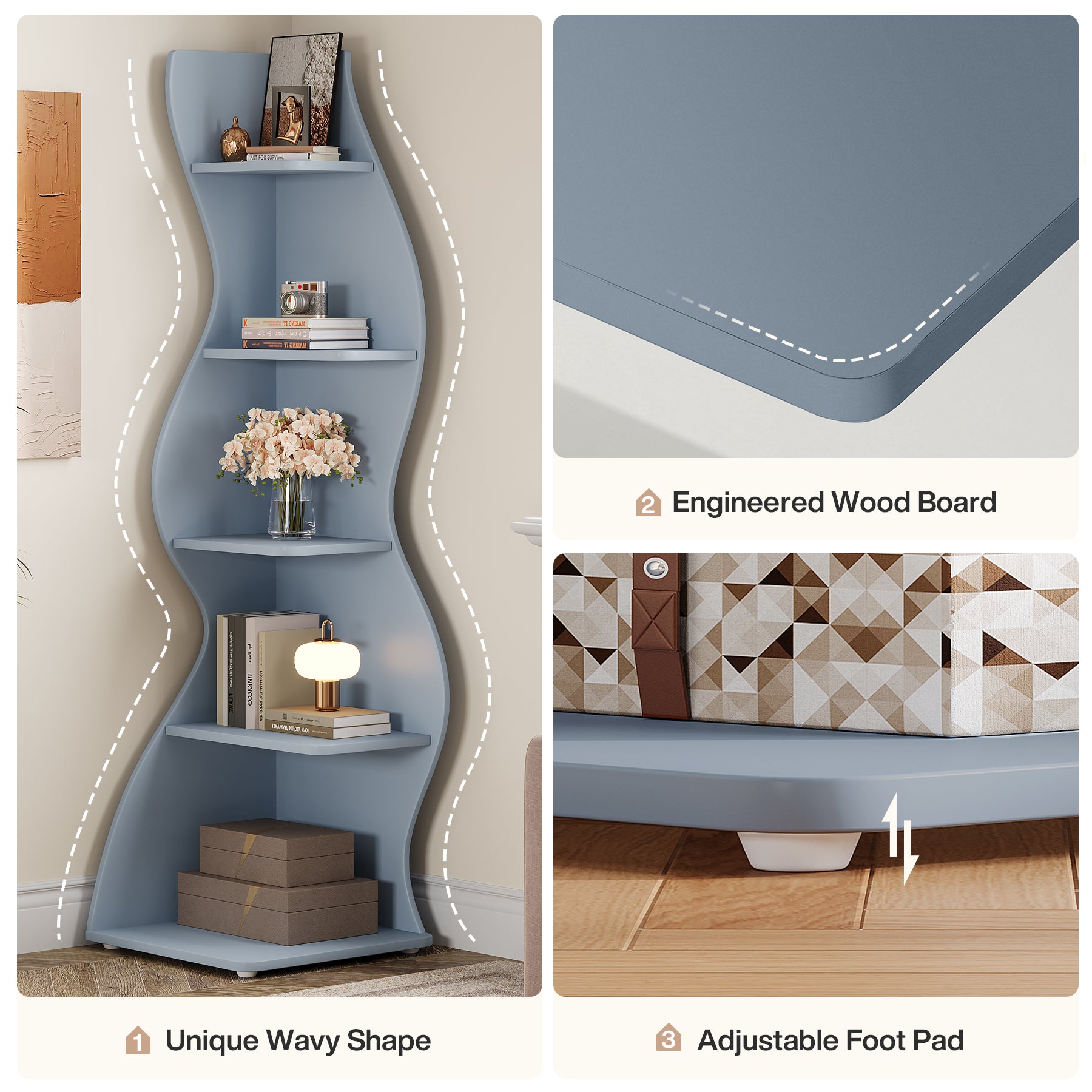 5-Tier Corner Bookcase, Rustic Freestanding Corner Shelf for Small Spaces