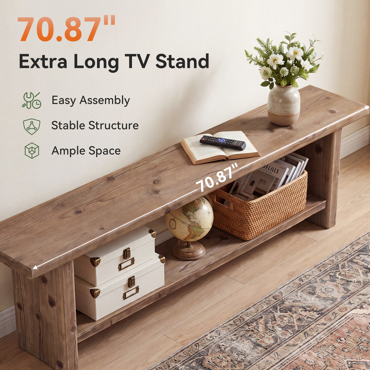 71" Solid Wood TV Stand for 85" TV, 2-Tier Farmhouse Entertainment Center with Storage