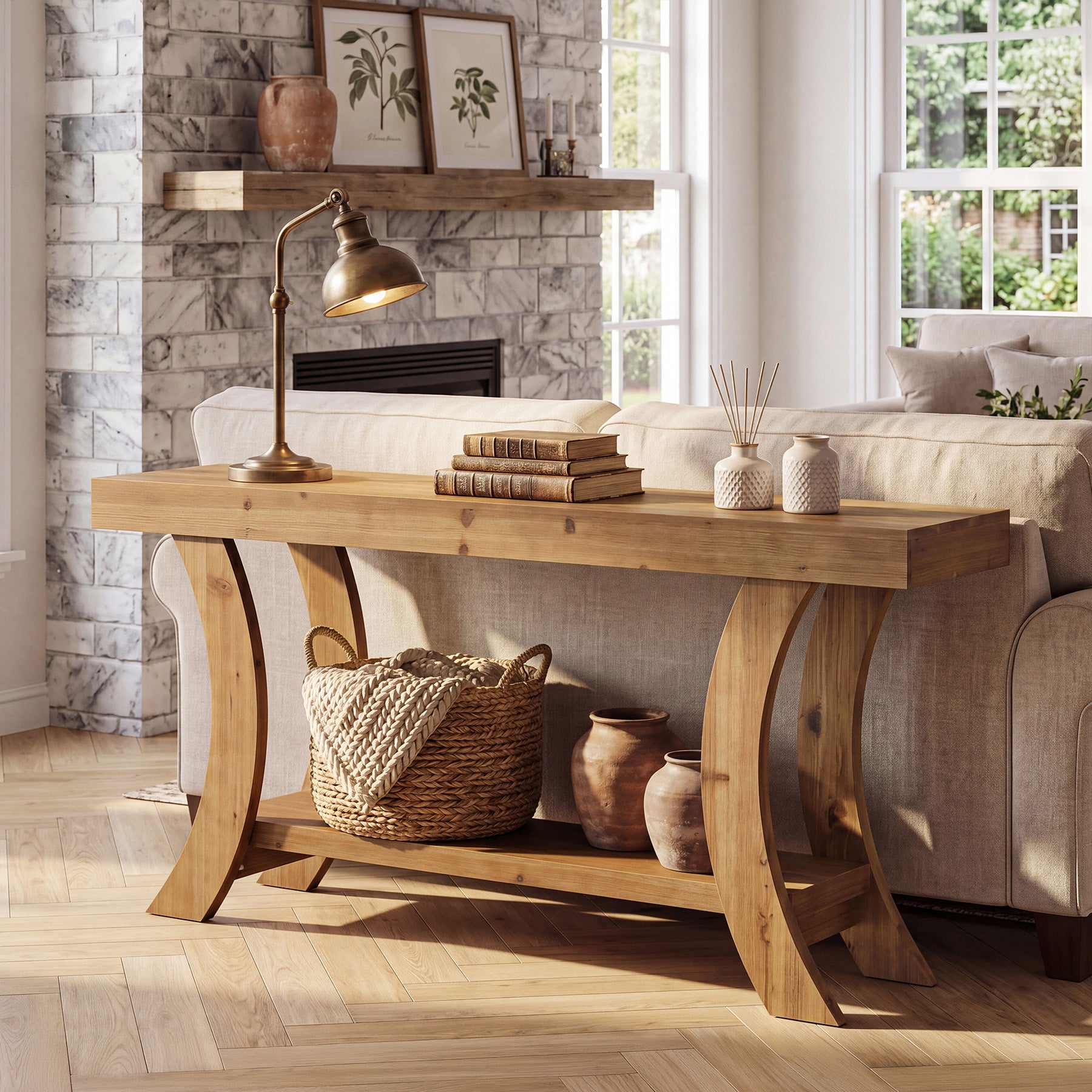 63" Solid Wood Console Table, Farmhouse Sofa Table with Storage Shelf & Arch Frame