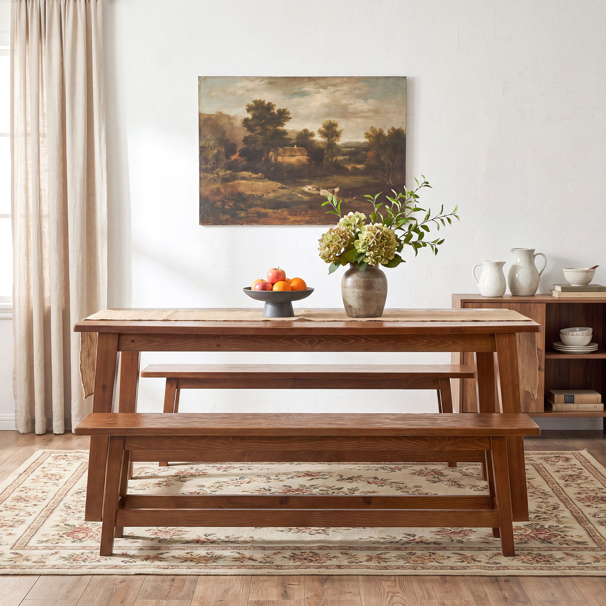55" Farmhouse Dining Table Set with 2 Benches, Solid Wood Kitchen Table for 4