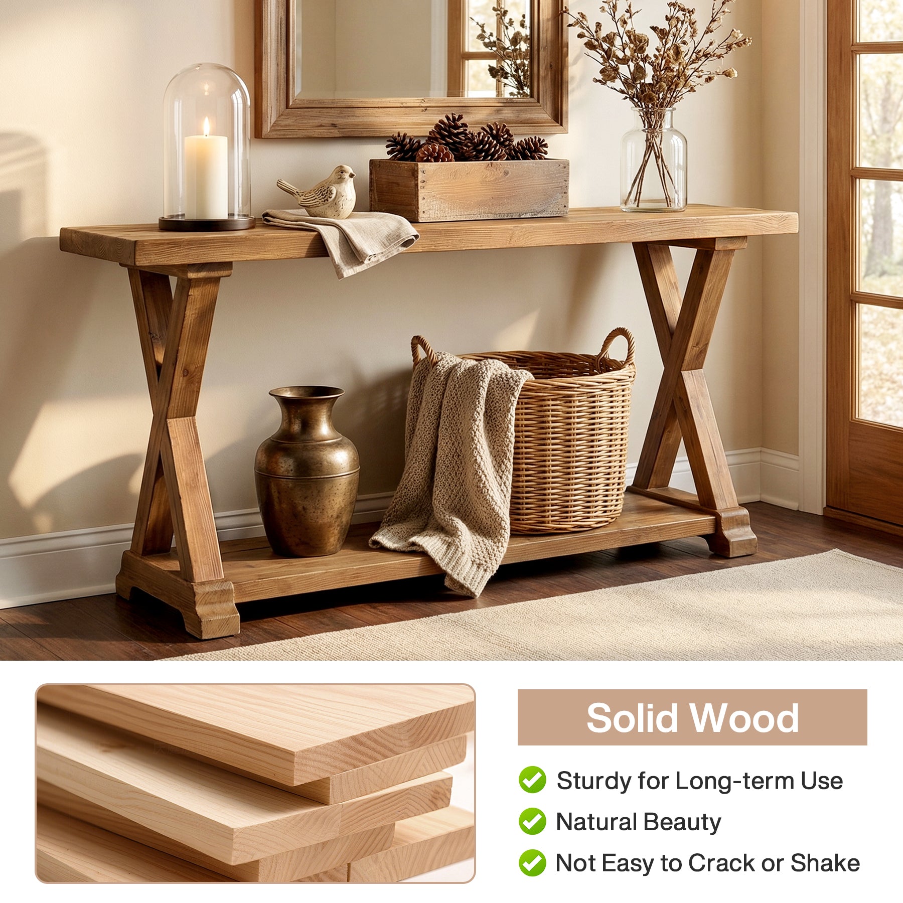 63" Solid Wood Console Table, Narrow Farmhouse Sofa Table with 2-Tier Storage for Entryway, Hallway & Behind Couch