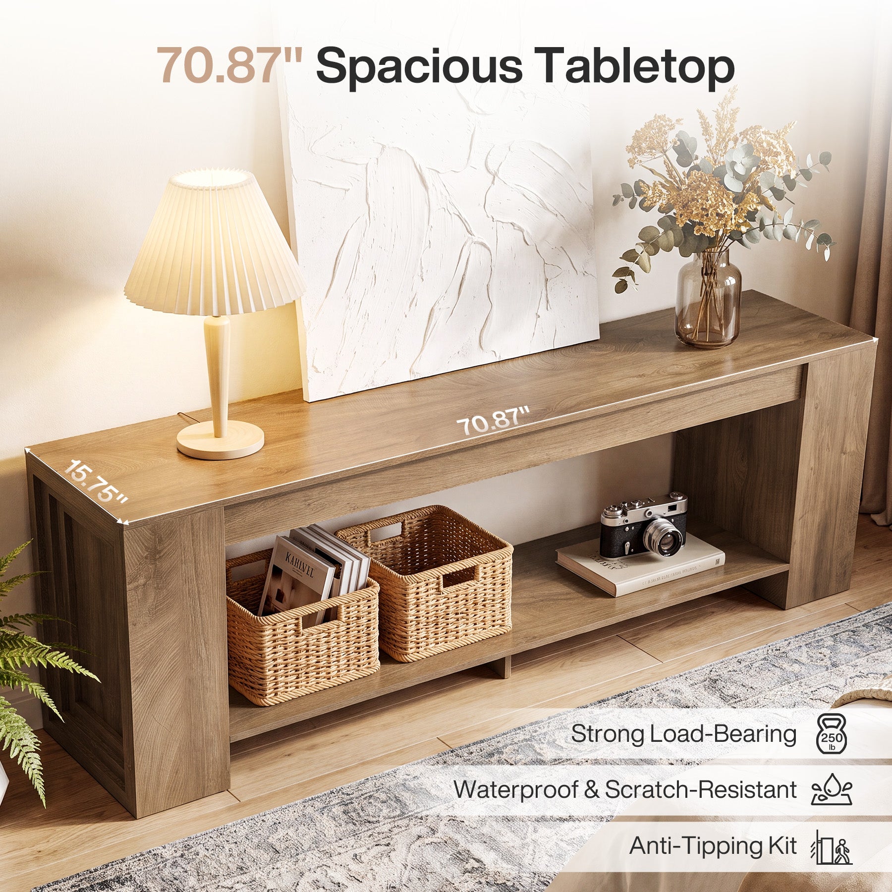 70.8" TV Stand for TVs Up to 80", Modern Low Entertainment Center with 2-Tier Storage