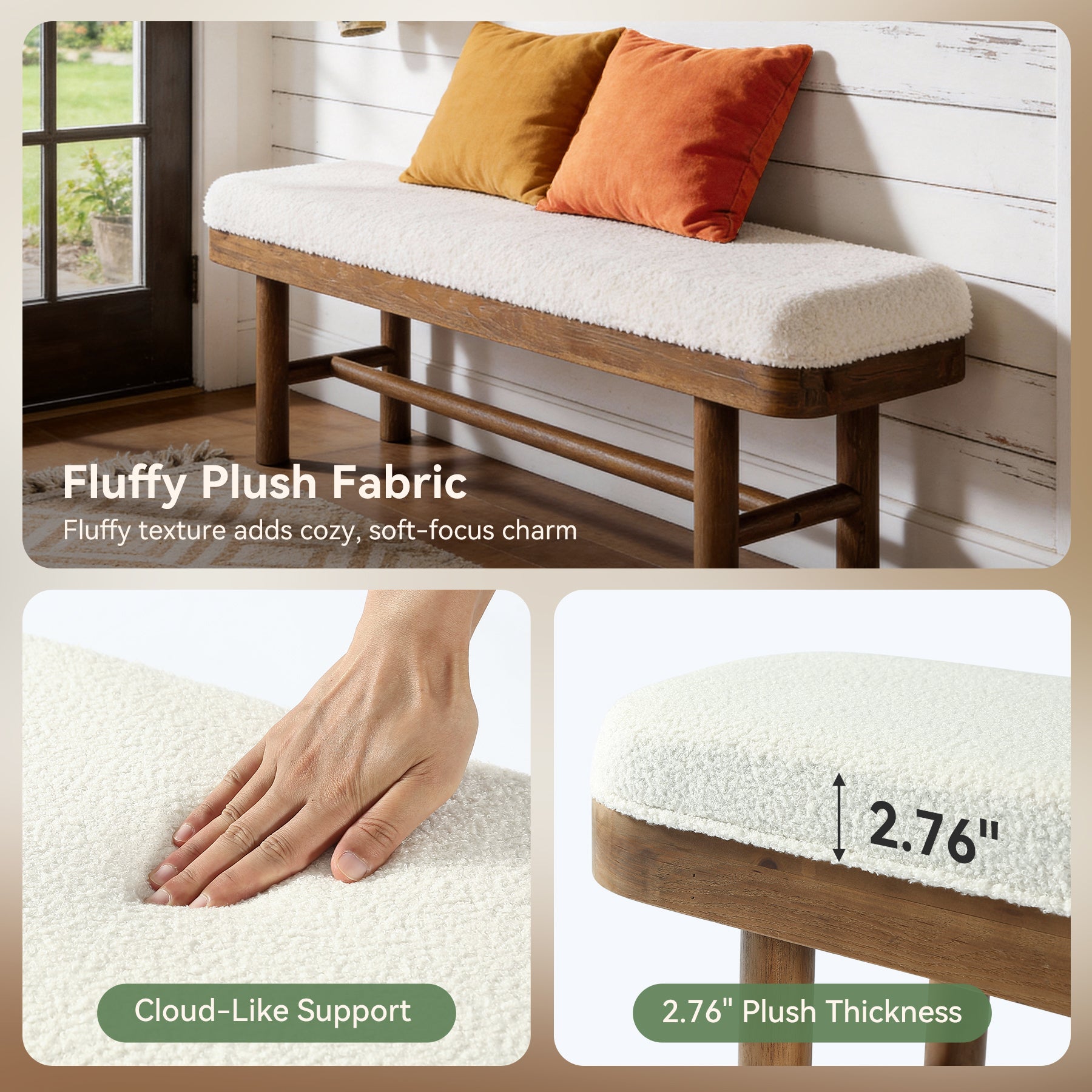 Solid Wood Shoe Bench, 55" Upholstered Entryway Bench with Removable Cushion