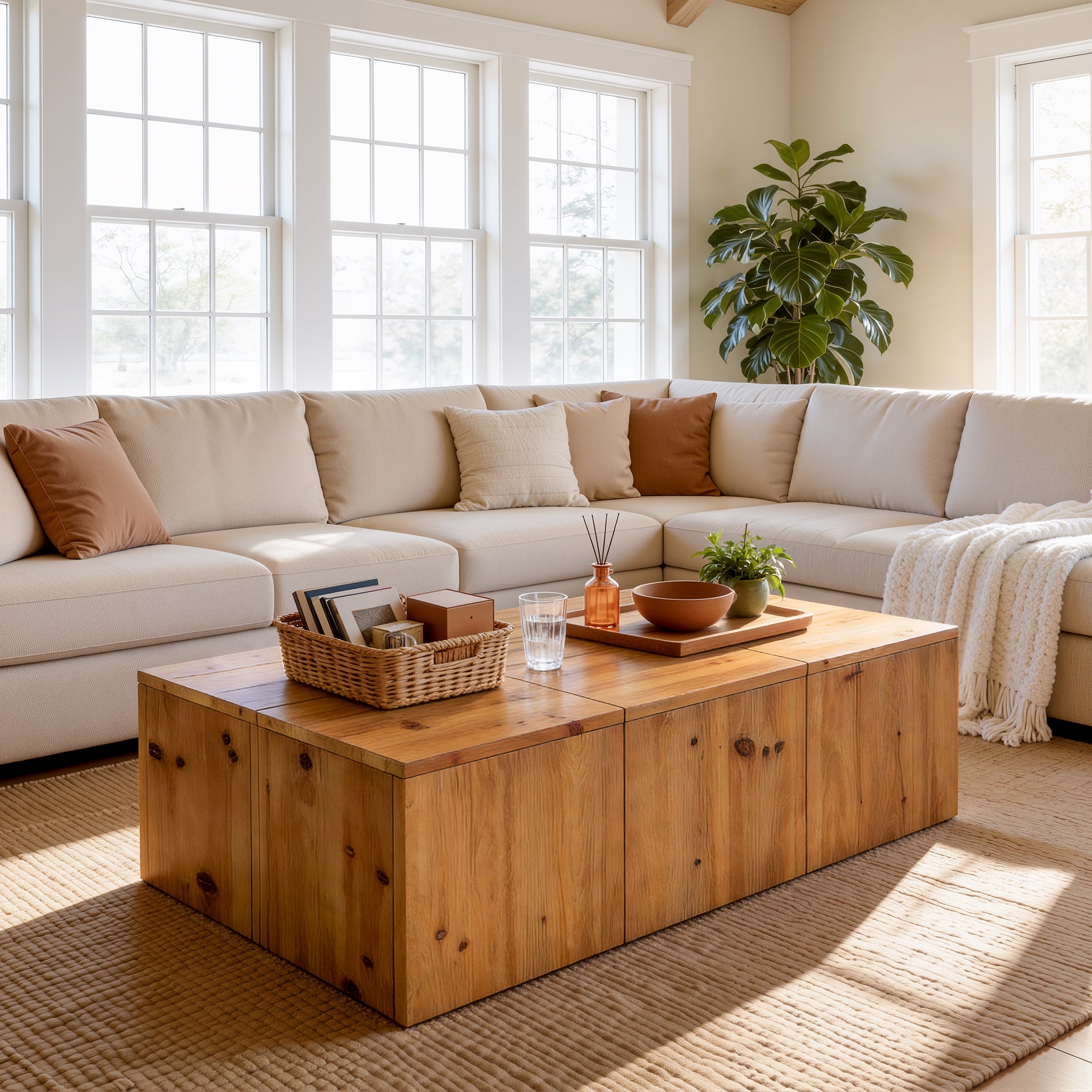 47" Rectangle Coffee Table, Solid Wood Center Table with Natural Wood Grain