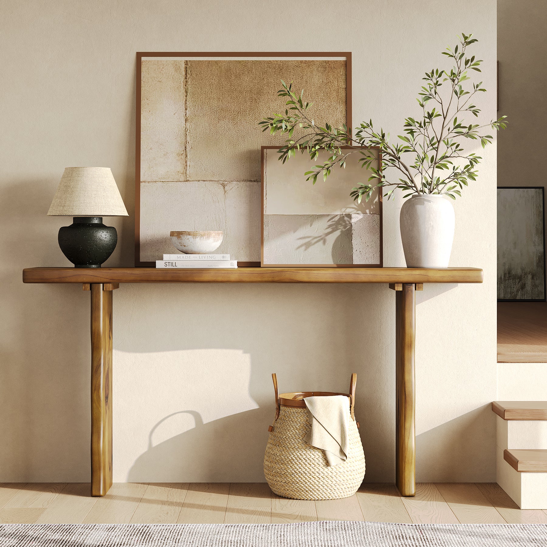 63" Solid Wood Console Table, Farmhouse Narrow Sofa & Entryway Table for Behind Couch or Hallway
