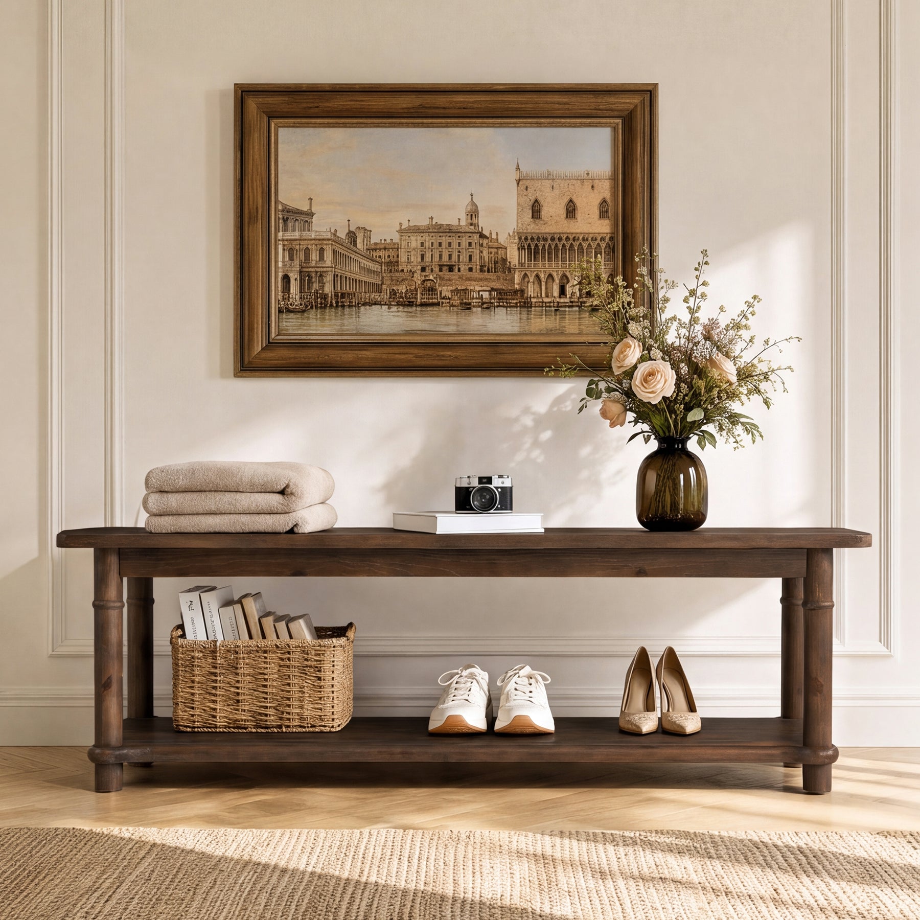 55" Farmhouse Dining Bench, Solid Wood 2-Tier, Kitchen Bench, Dining Room