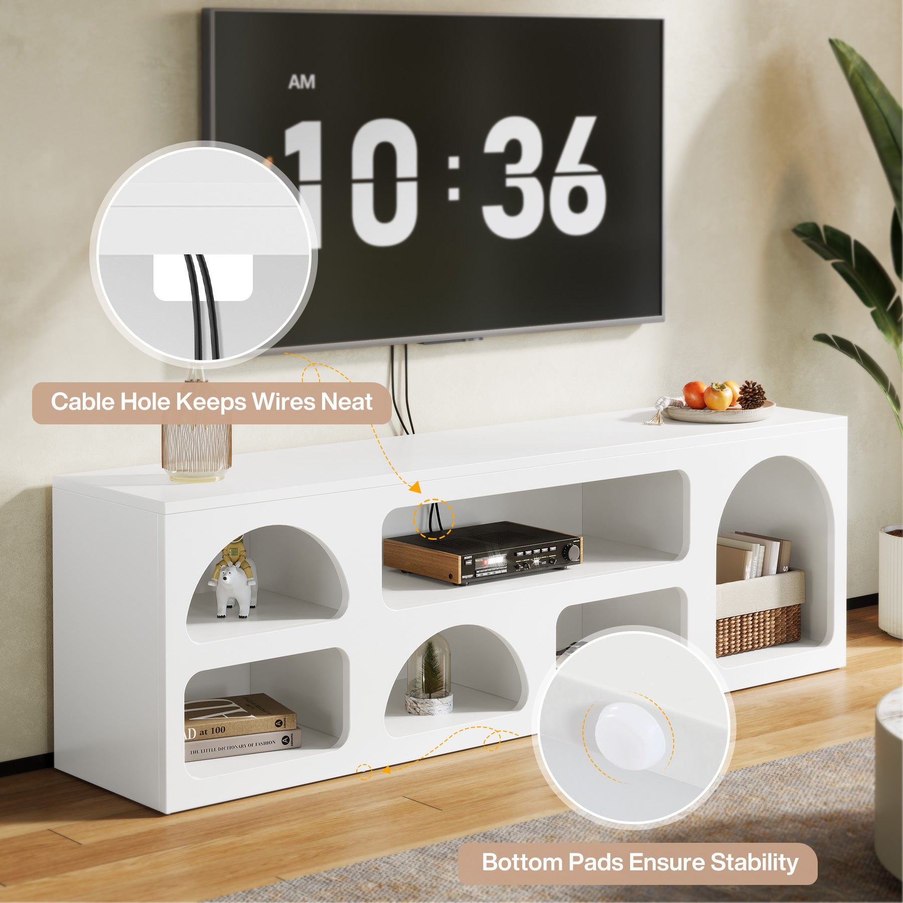 63" TV Stand for 60 to 70 Inch TVs, Modern White Media Console with 6 Open Shelves