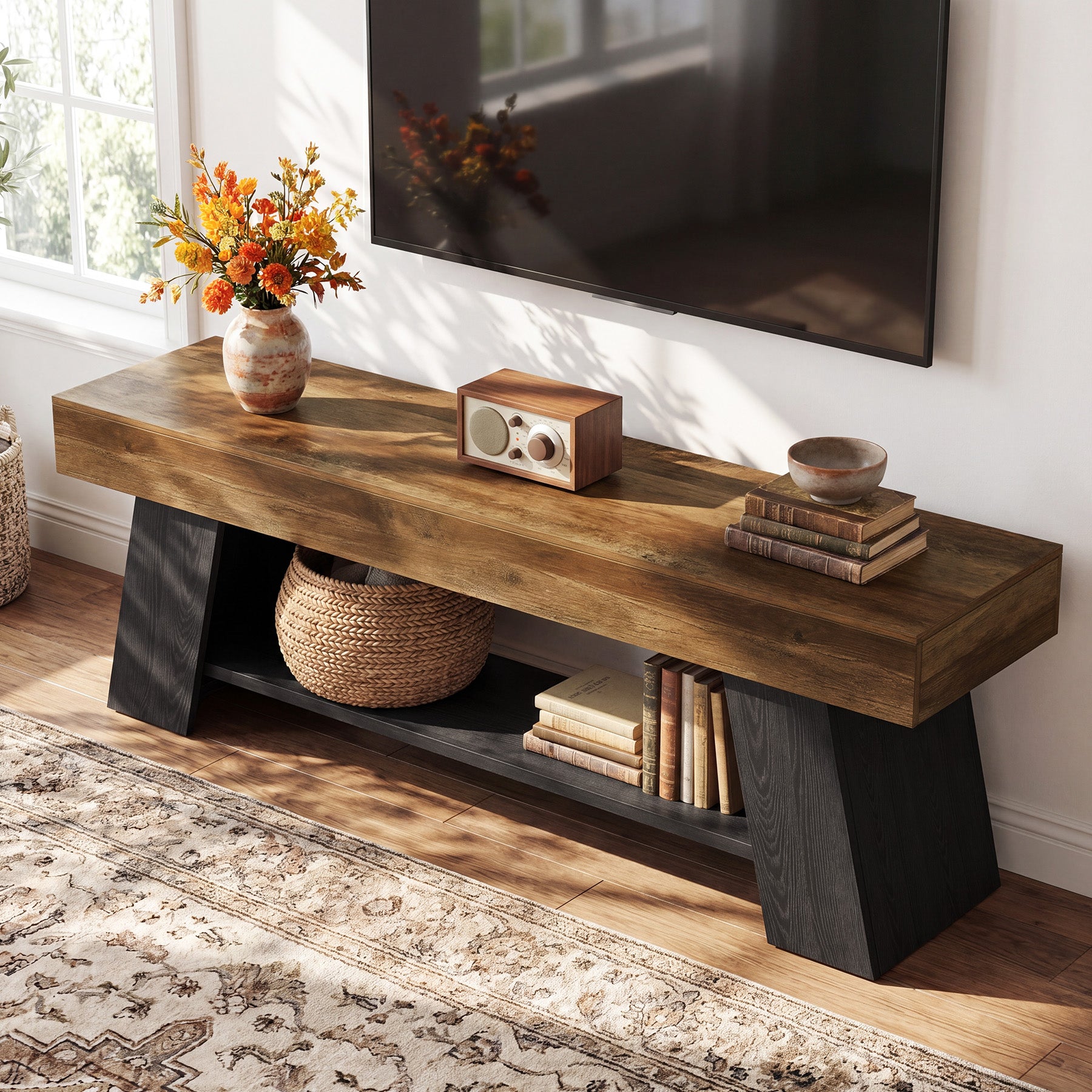 63" TV Stand for 55/65/70 Inch TVs, Industrial Media Console with Open Storage Shelf