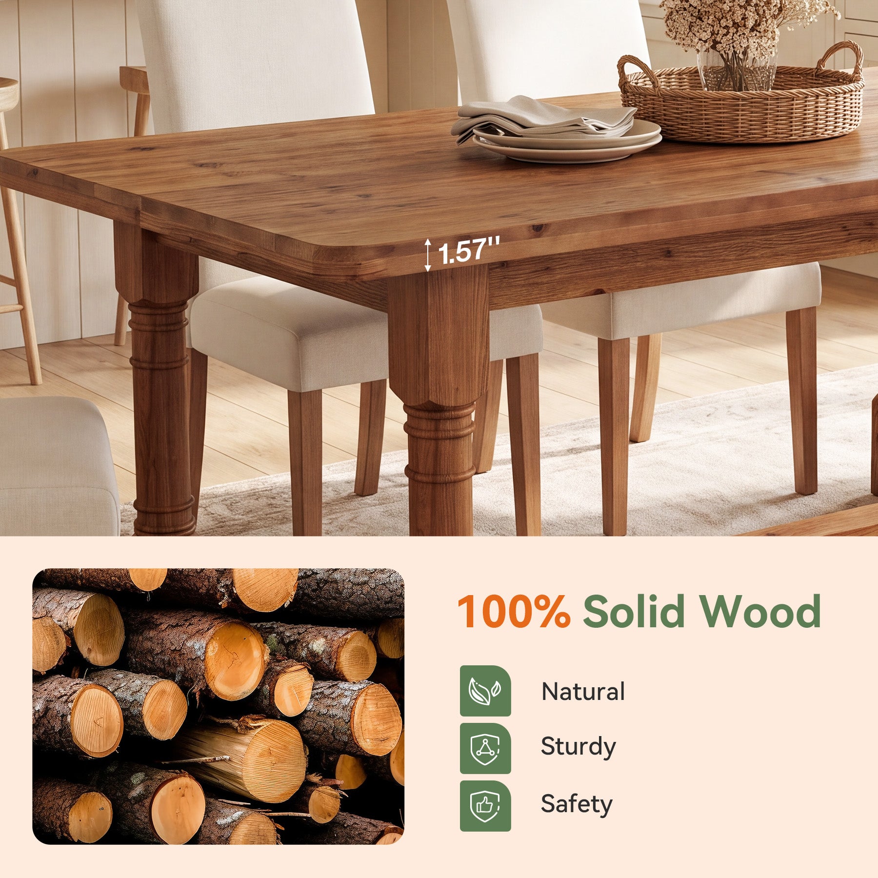 63" Solid Wood Dining Table, Farmhouse Kitchen Table with Trestle Base for 4-6