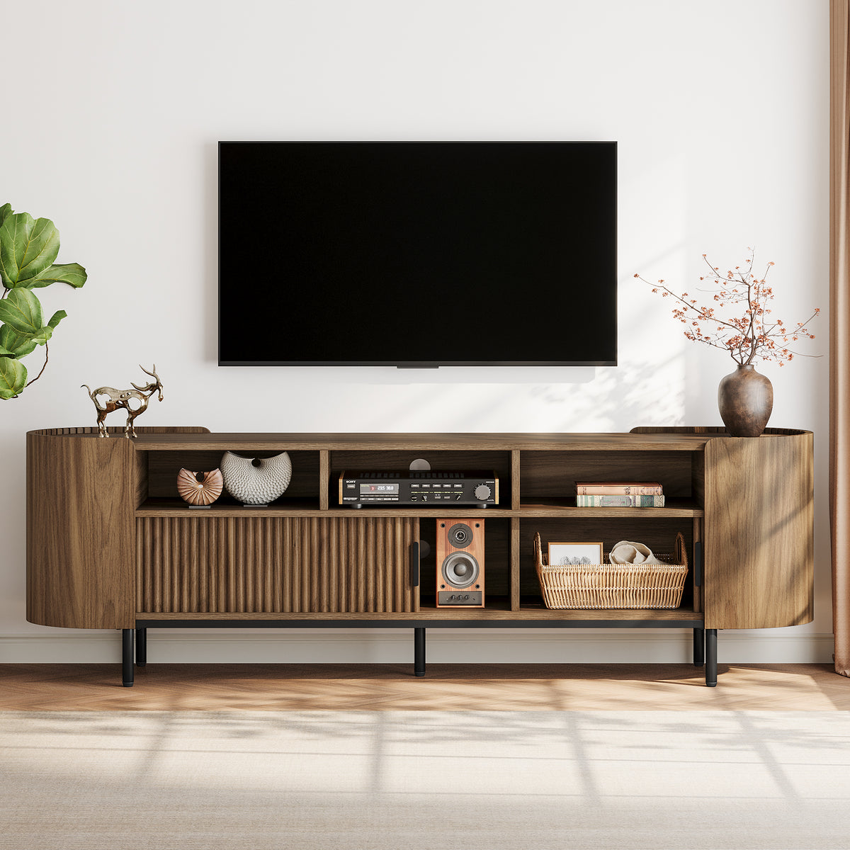 71 Inch TV Stand with Fluted Sliding Doors and Storage, Mid Century Media Console for Living Room