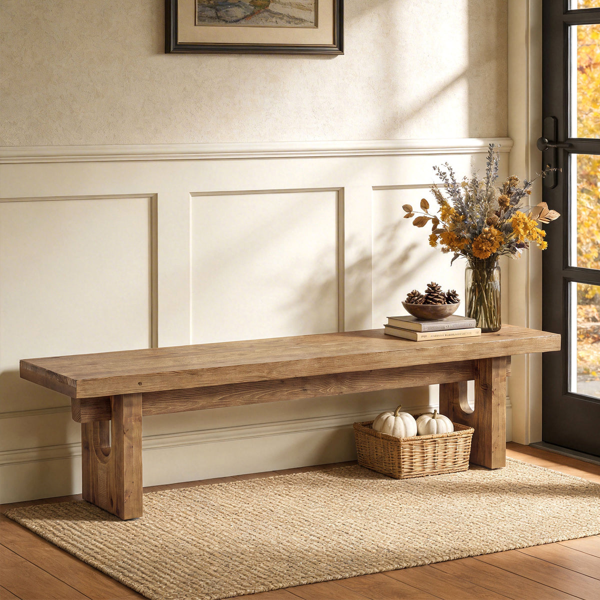 63“ Long Entryway Bench, Solid Wood End of Bed Indoor Seating