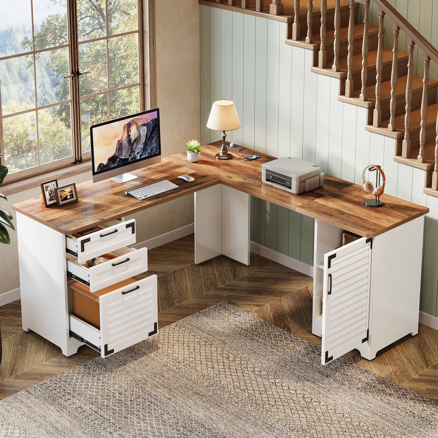 L-Shaped Executive Desk, 59" Computer Desk with Drawers & Power Outlets