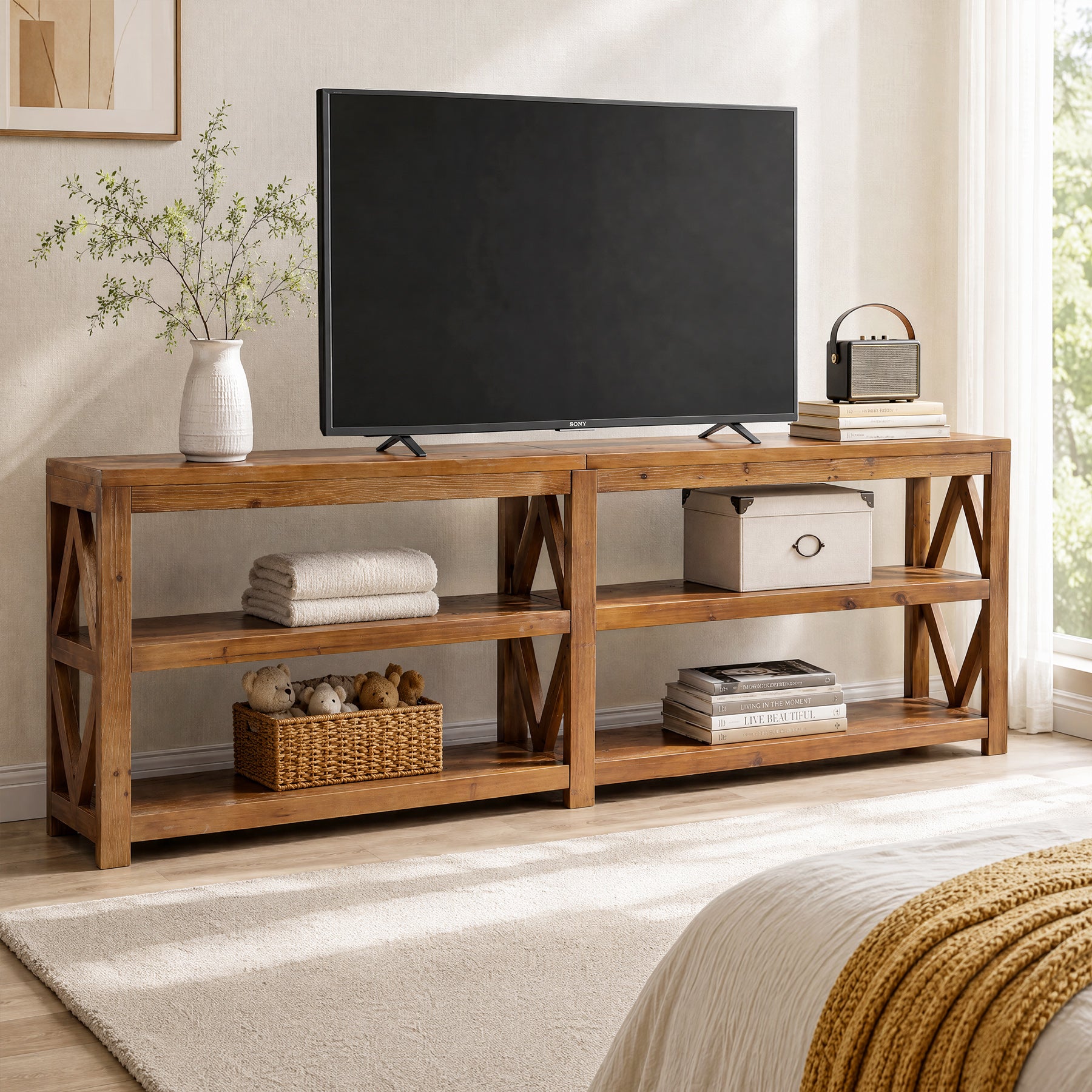 78.7" Solid Wood TV Stand for up to 85" TVs, 3-Tier Extra Long Entertainment Center