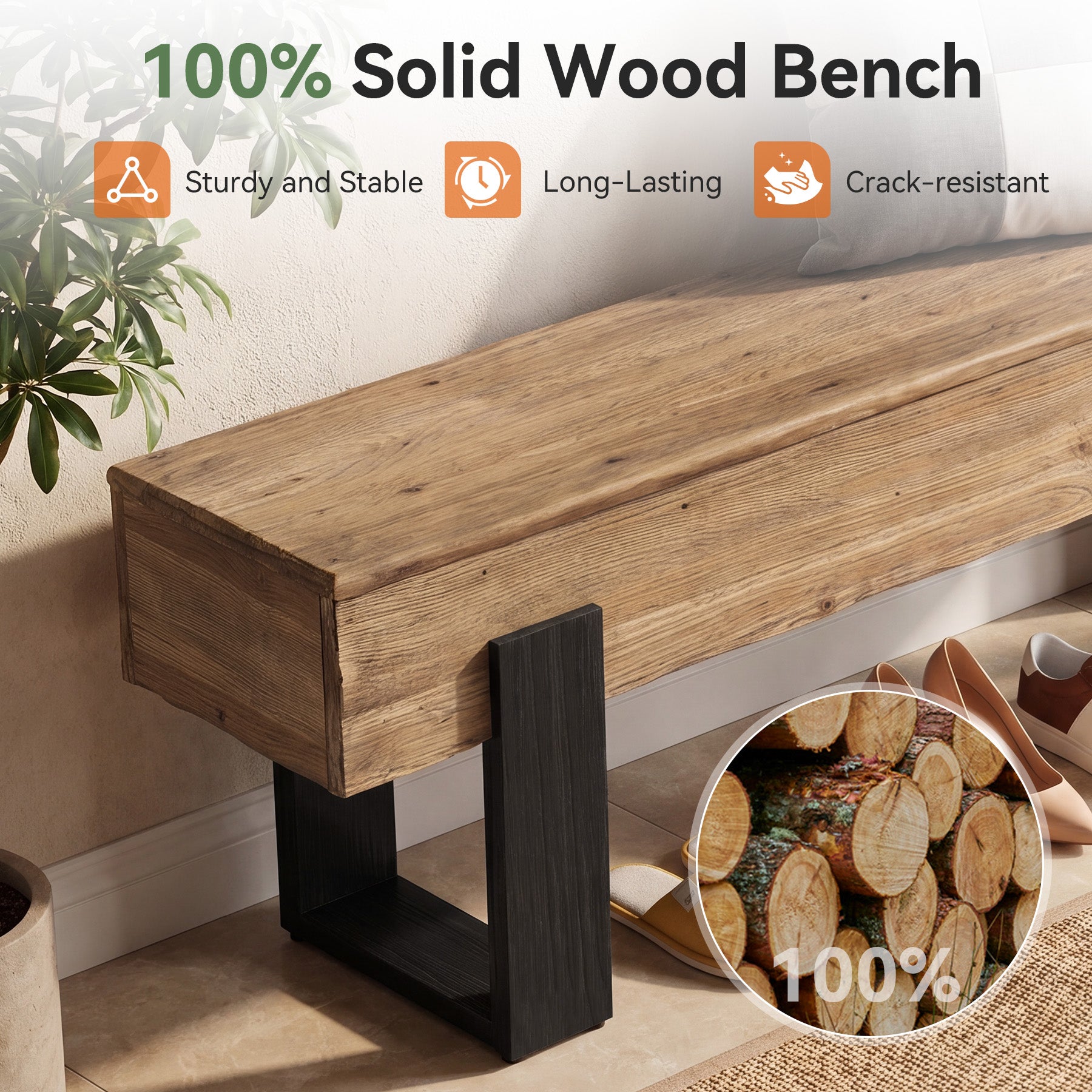 63" Solid Wood Entryway Bench, Farmhouse Indoor Shoe Bench End of Bed Bench