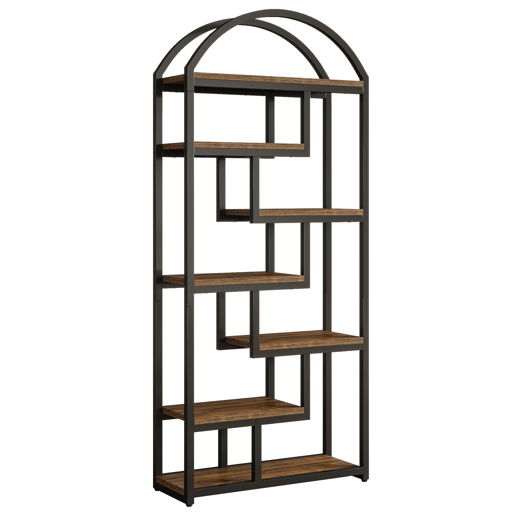 71" Industrial Bookshelf, Arched Bookcase with Open Display Shelves