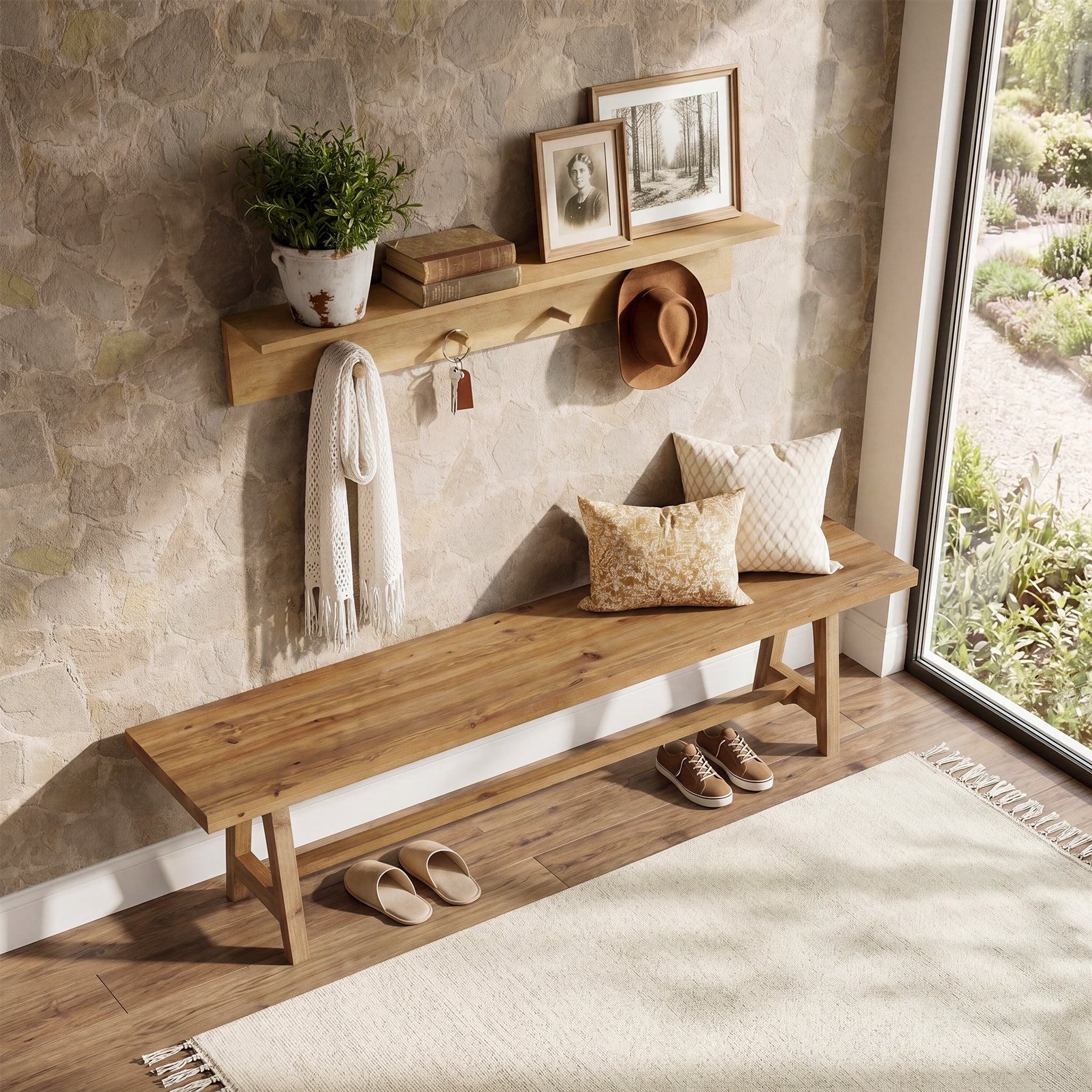 〆1/31 WHITE_WOOD_BENCH #3 Tribesigns 63-Inch Entryway Bench, Narrow Hallway Seat for Mudroom