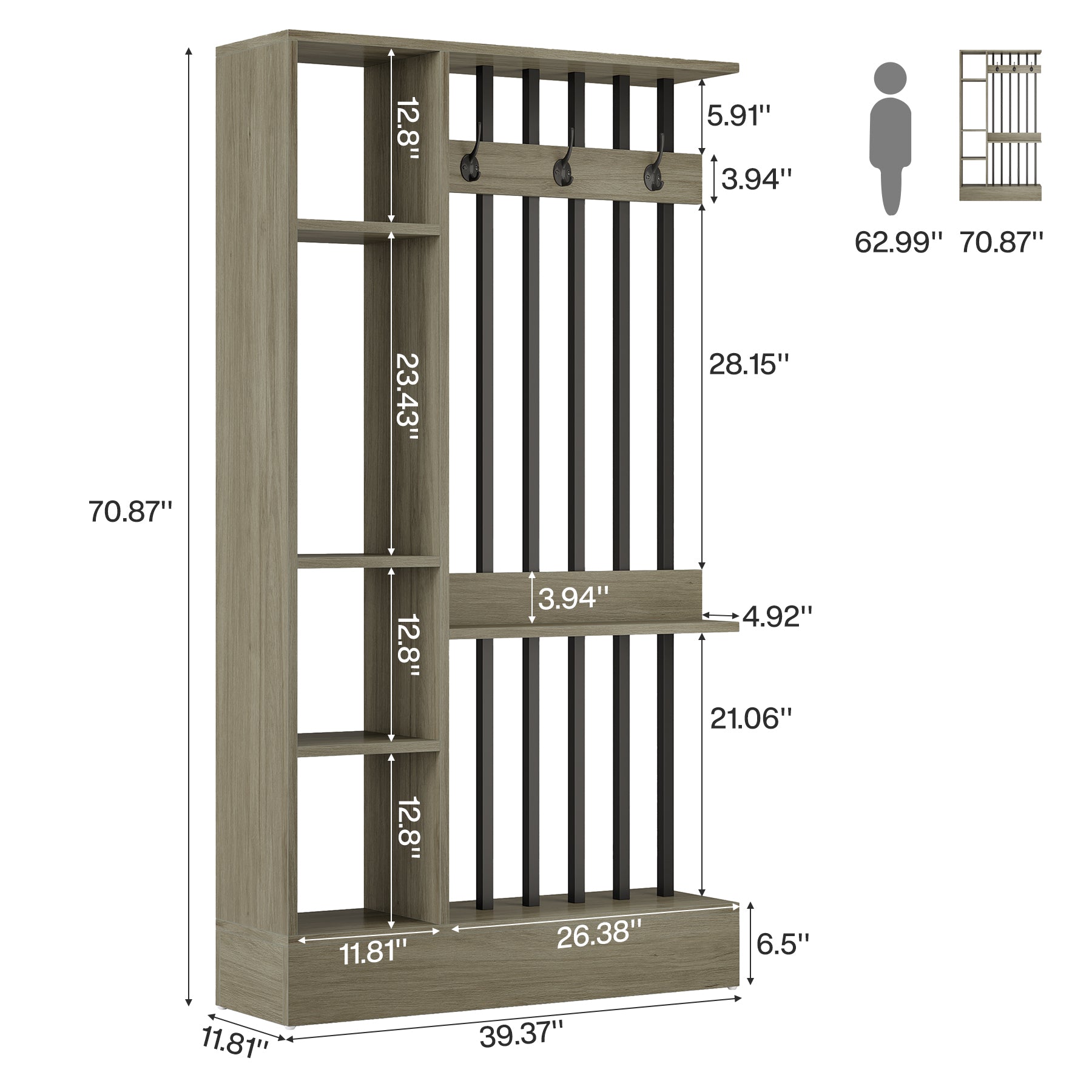 71" Wall Room Divider, Wood Freestanding Wall Partition Bookcase with Coat Hooks