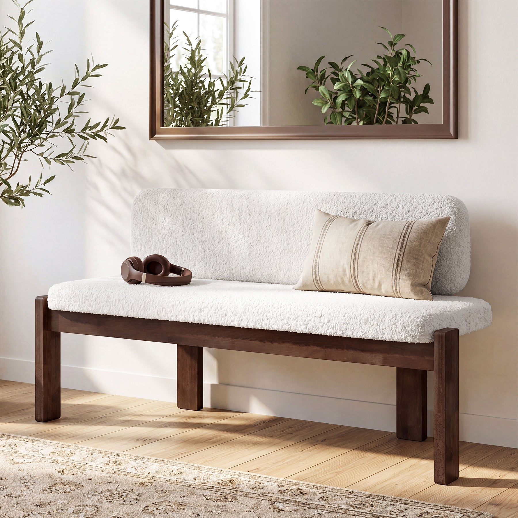 55.12" Upholstered Solid Wood Bench, End of Bed Bench with Backrest