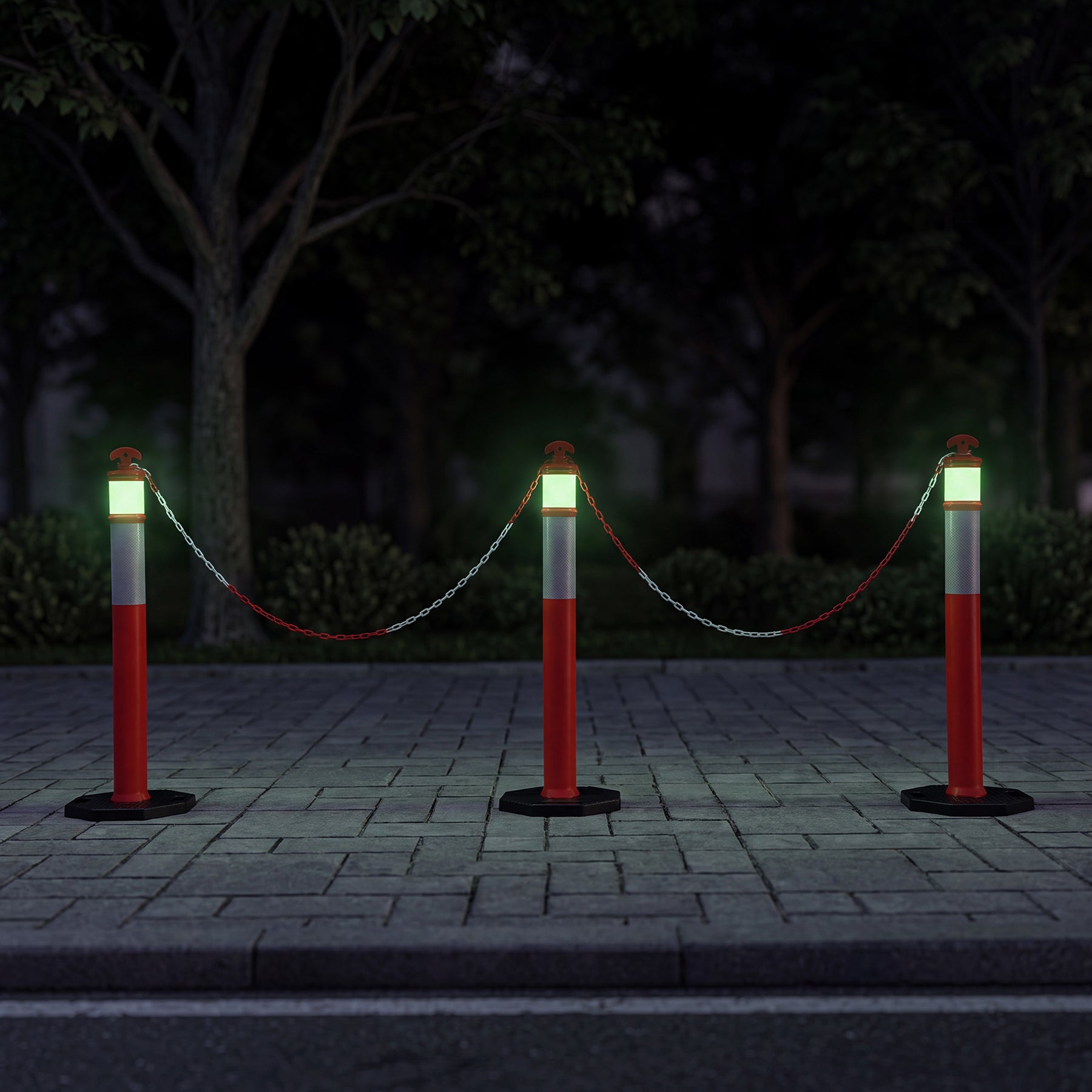 45" Reflective & Glow-in-the-Dark Traffic Delineator Posts with Heavy Rubber Base & Connecting Chains