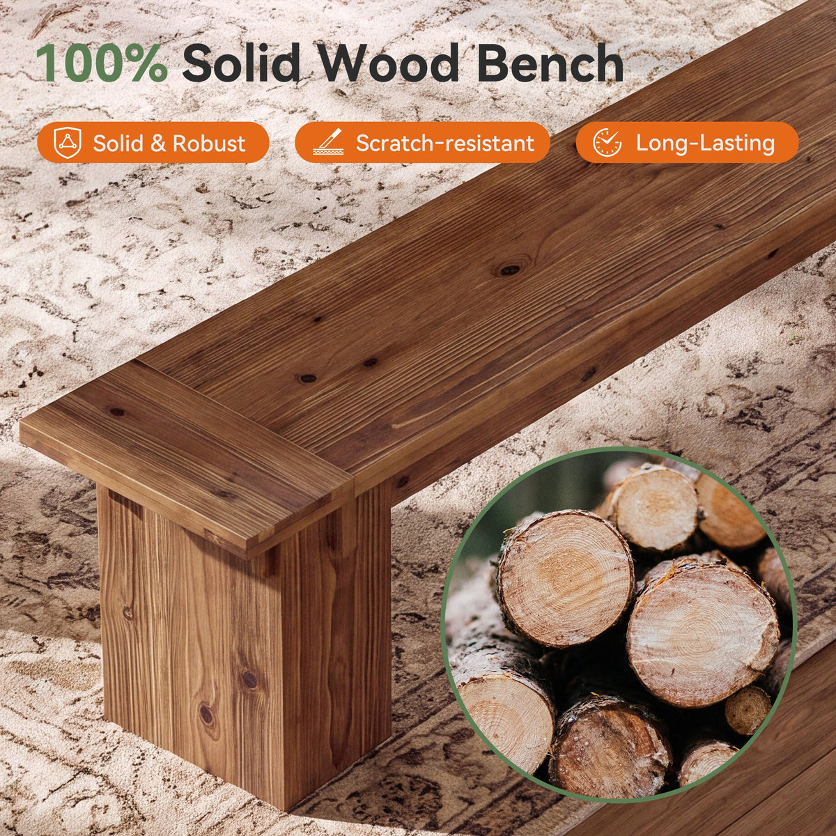 71" Farmhouse Solid Wood Dining Bench with Thick Legs, Kitchen & Dining Room Bench