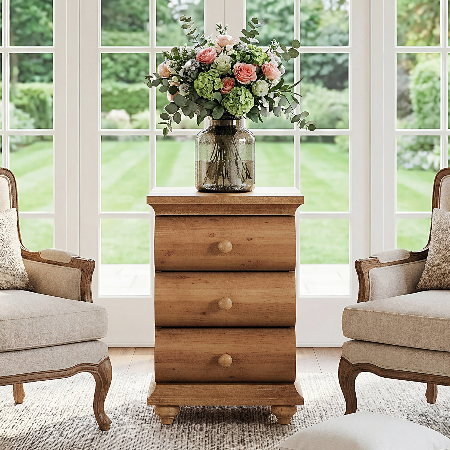Solid Wood End Table with 3 Drawers, Narrow Side Table with Storage