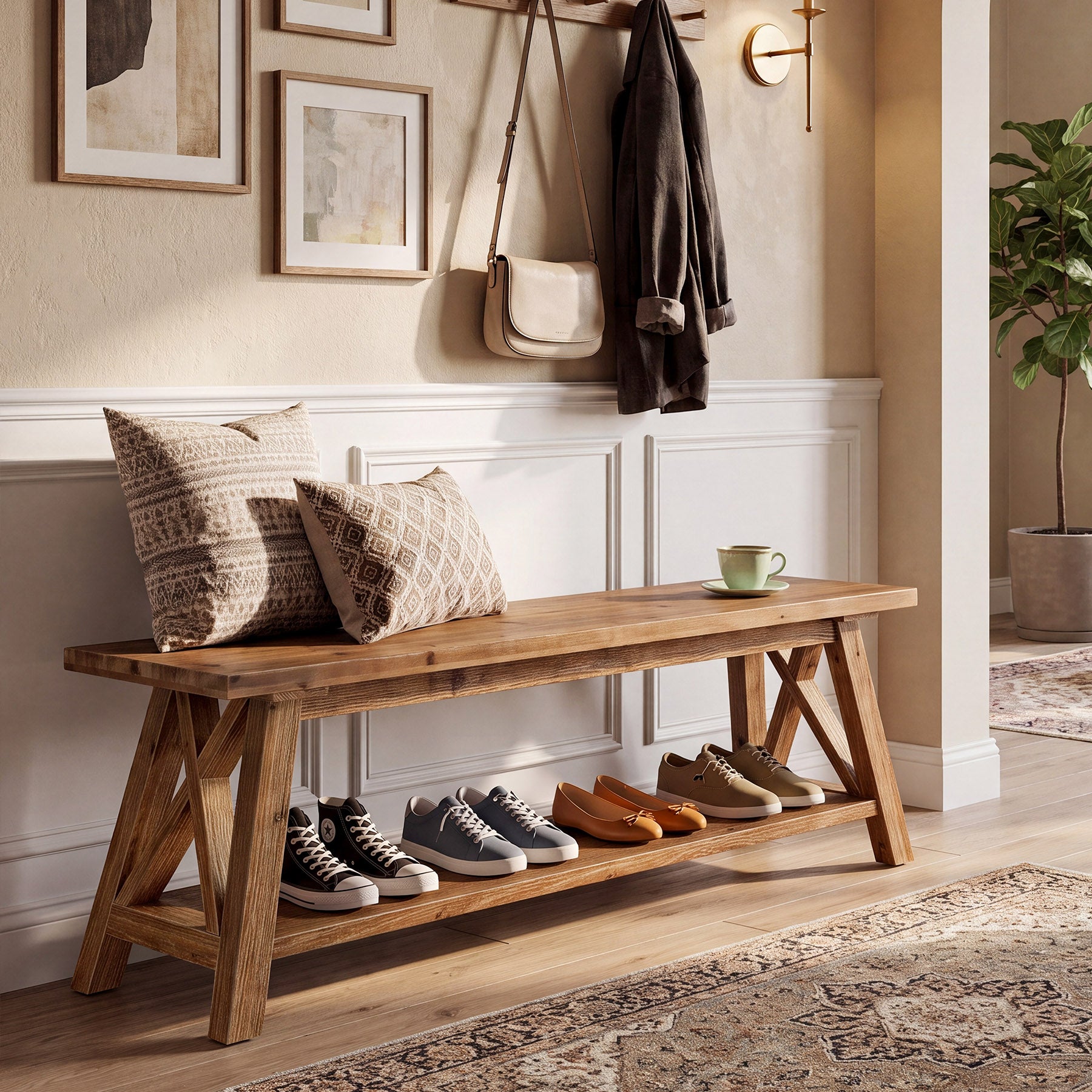 55" Solid Wood Entryway Bench, Farmhouse Shoe Seating with Storage