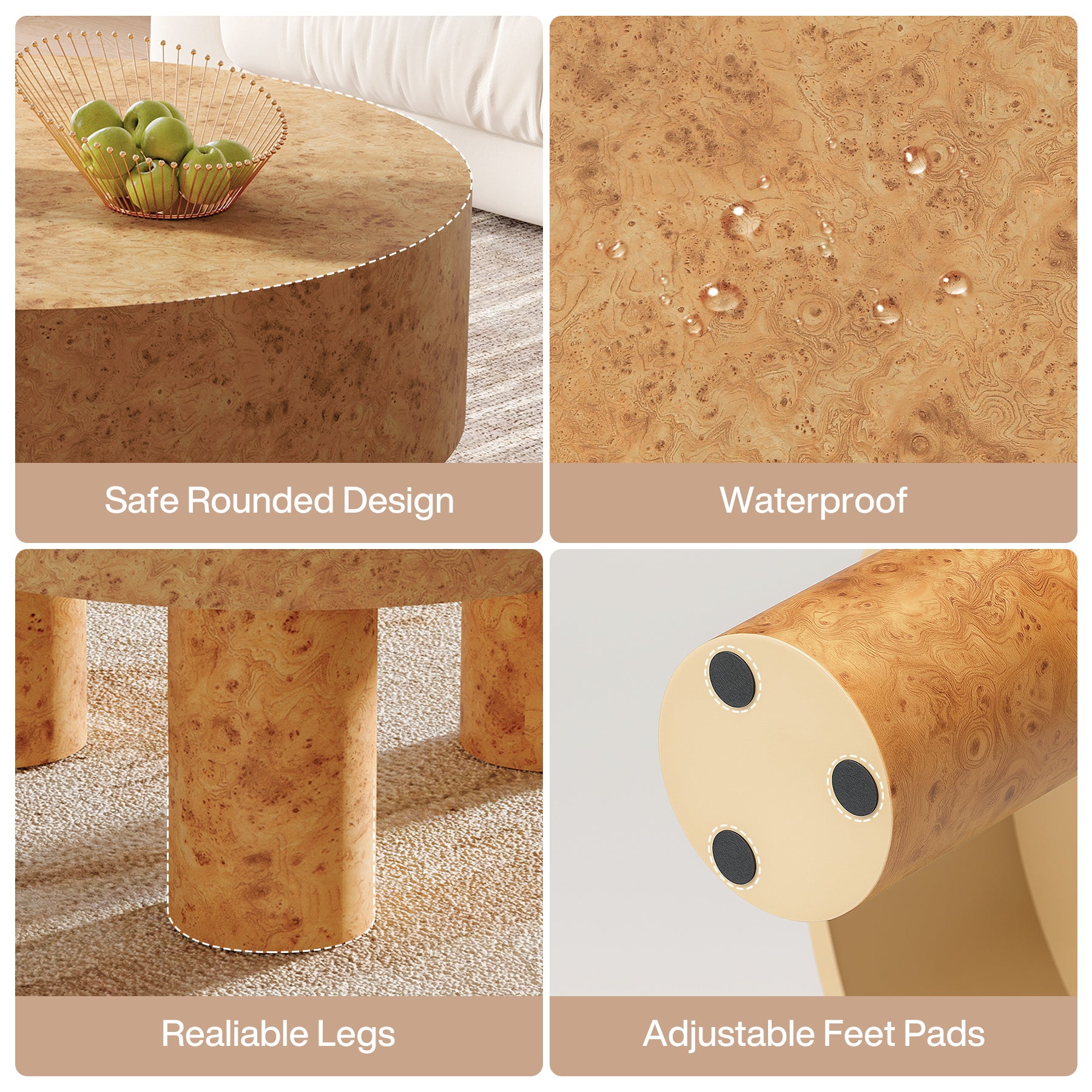 31.5" Round Coffee Table, Modern Circle Center Tea Table with Burl Texture