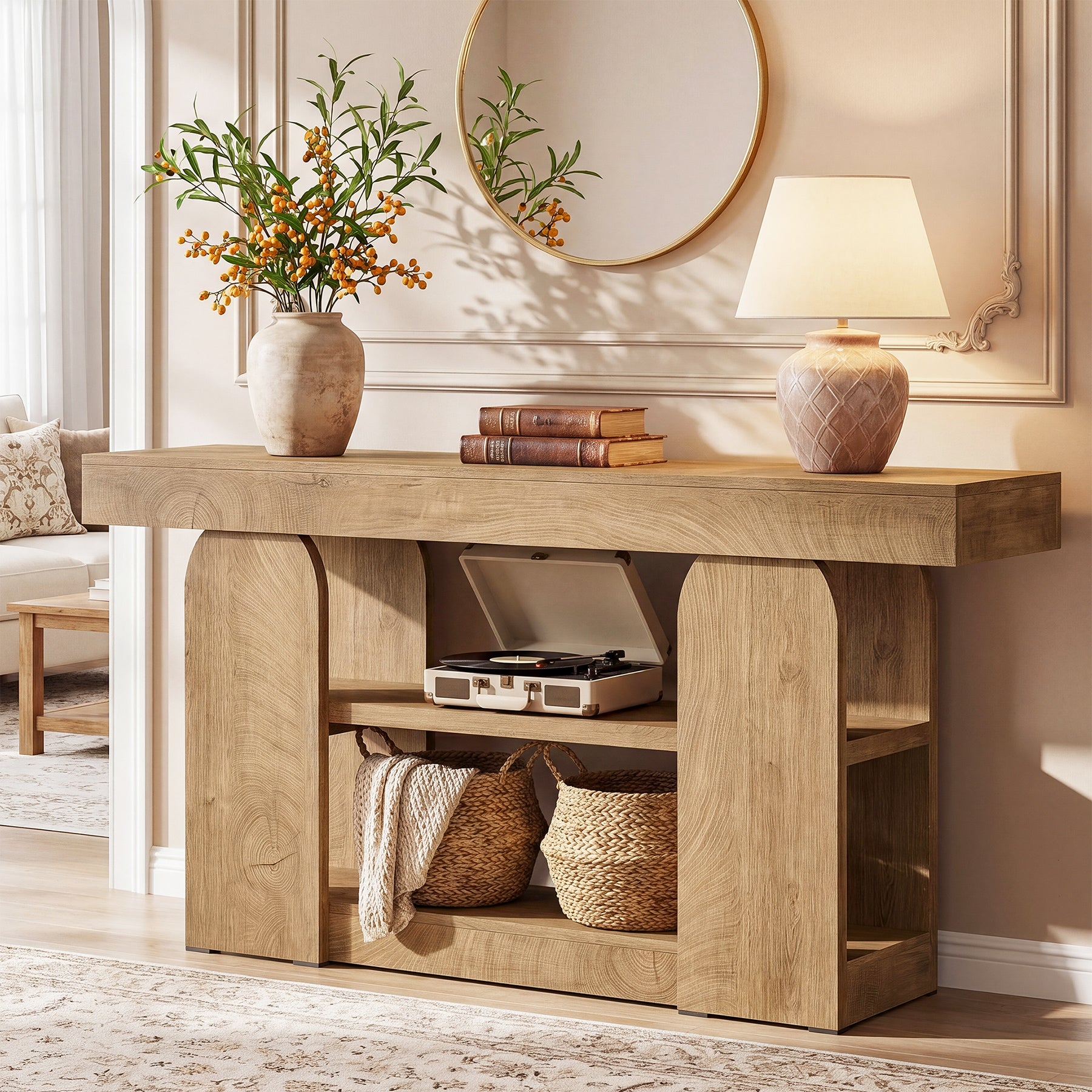 63" Farmhouse Console Table with Storage Shelves, 3-Tier Narrow Entryway Sofa Table for Hallway & Living Room
