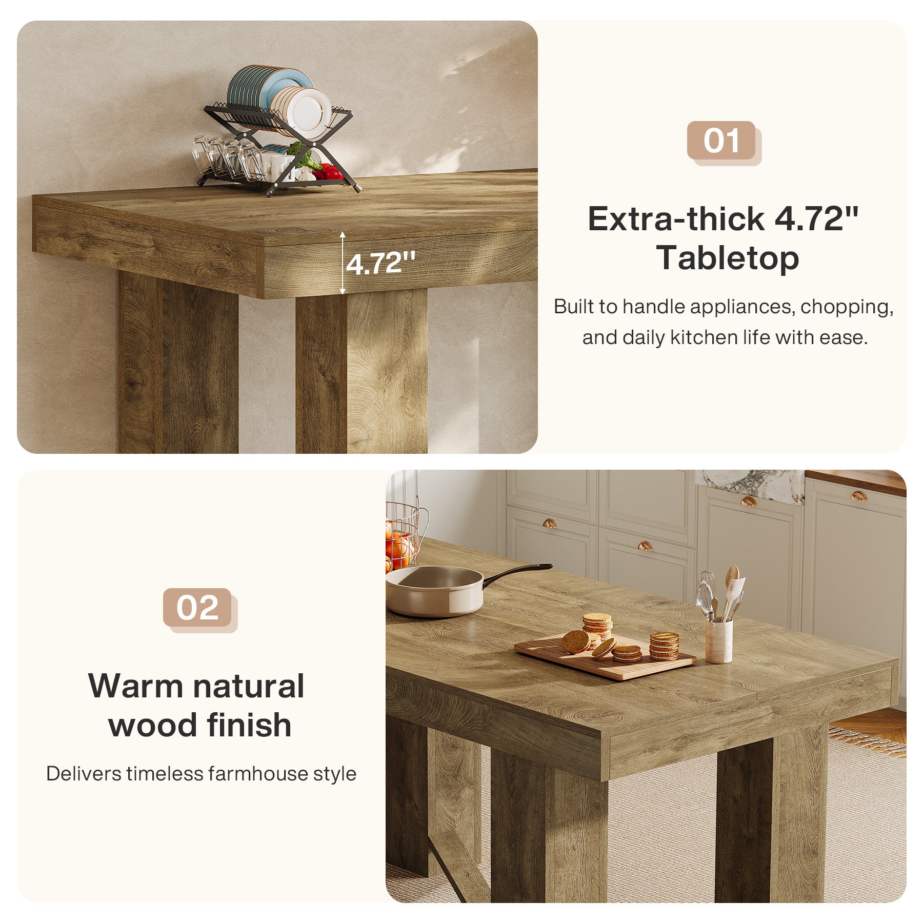 55 Inch Kitchen Island Table Counter Height, Farmhouse Prep Table with Thick Wood Top