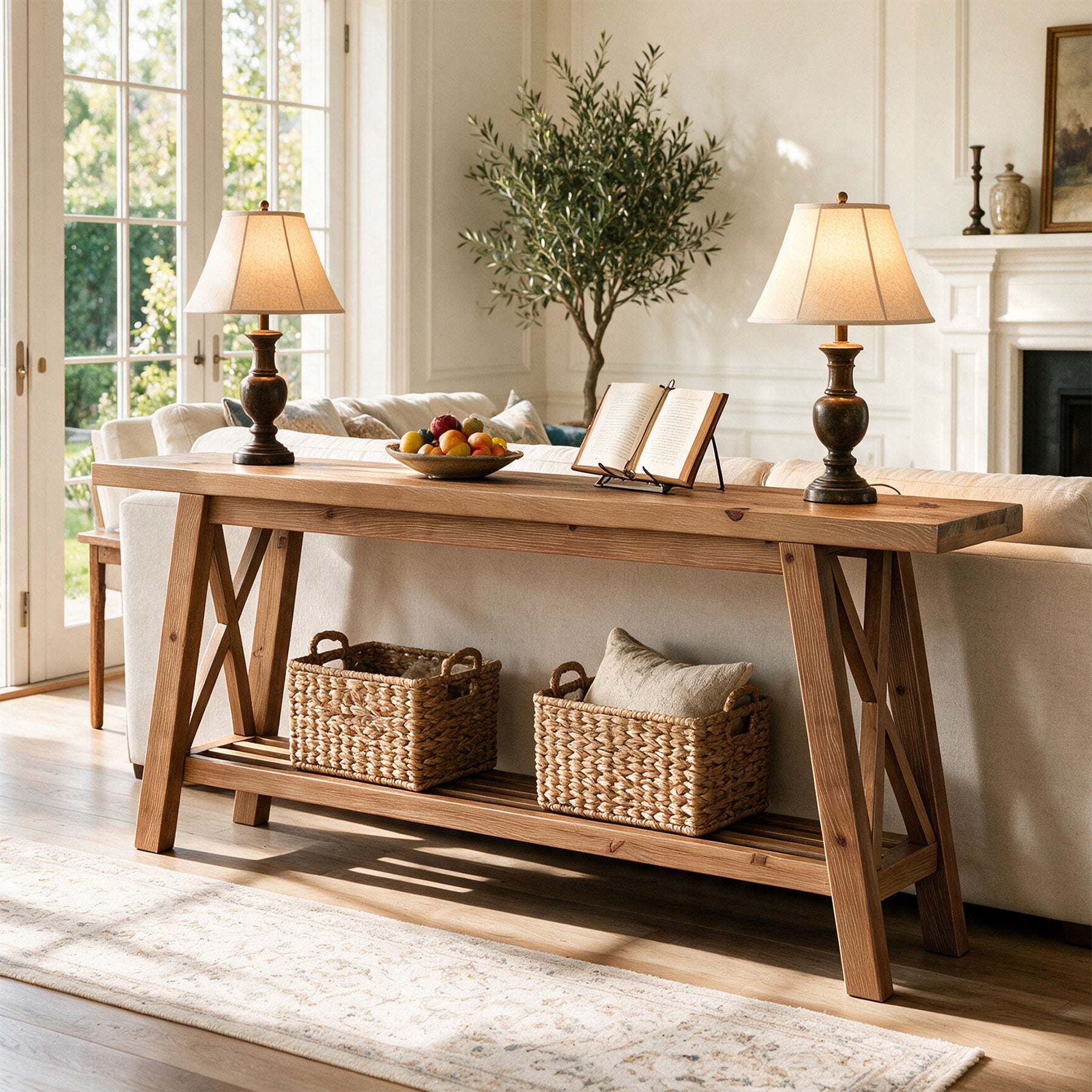 63" Console Table with Storage, Solid Wood X-Brace Sofa Table, 2-Tier Entryway Table
