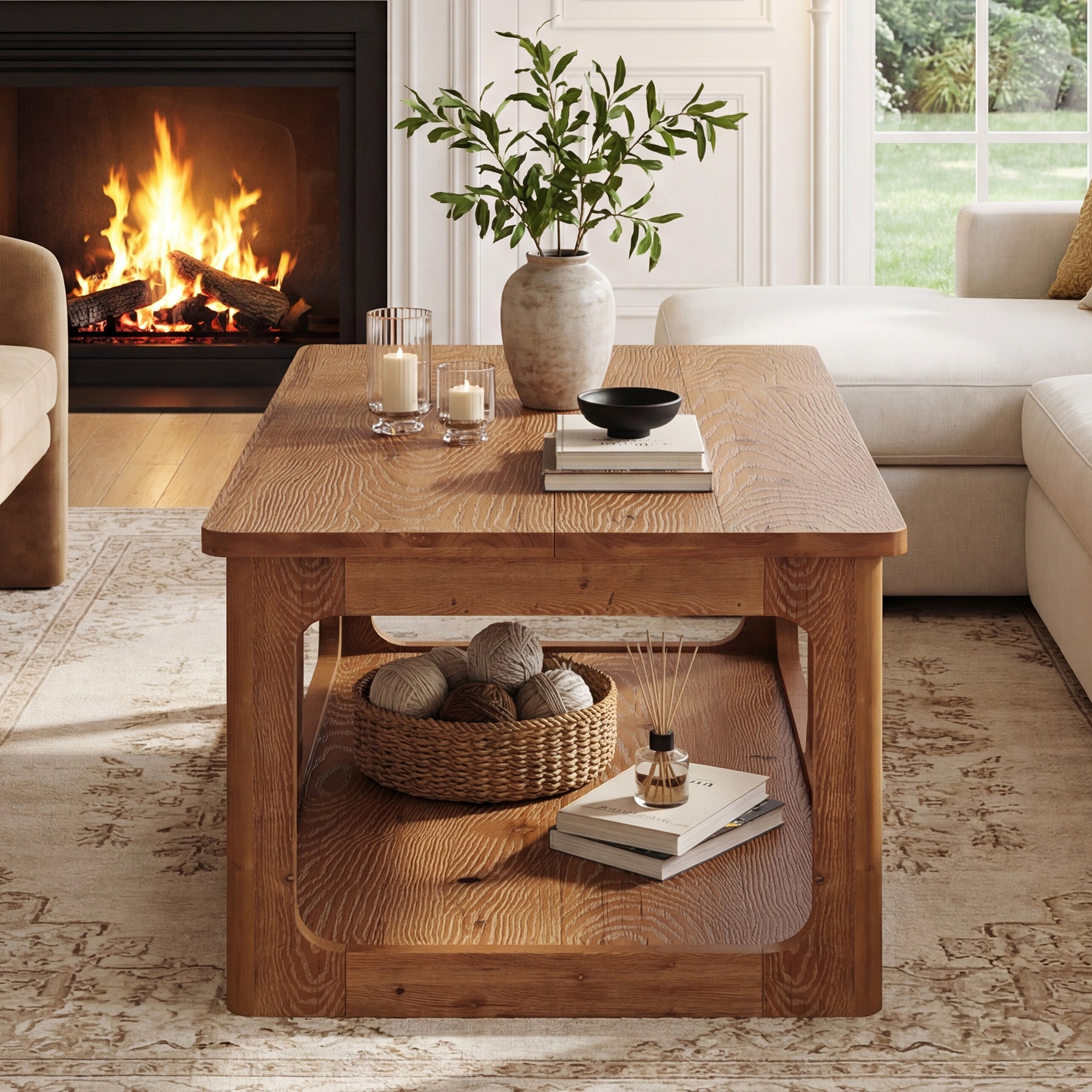 47.2" Rectangle Coffee Table, 2-Tier Solid Wood Center Table Cocktail Tea Table