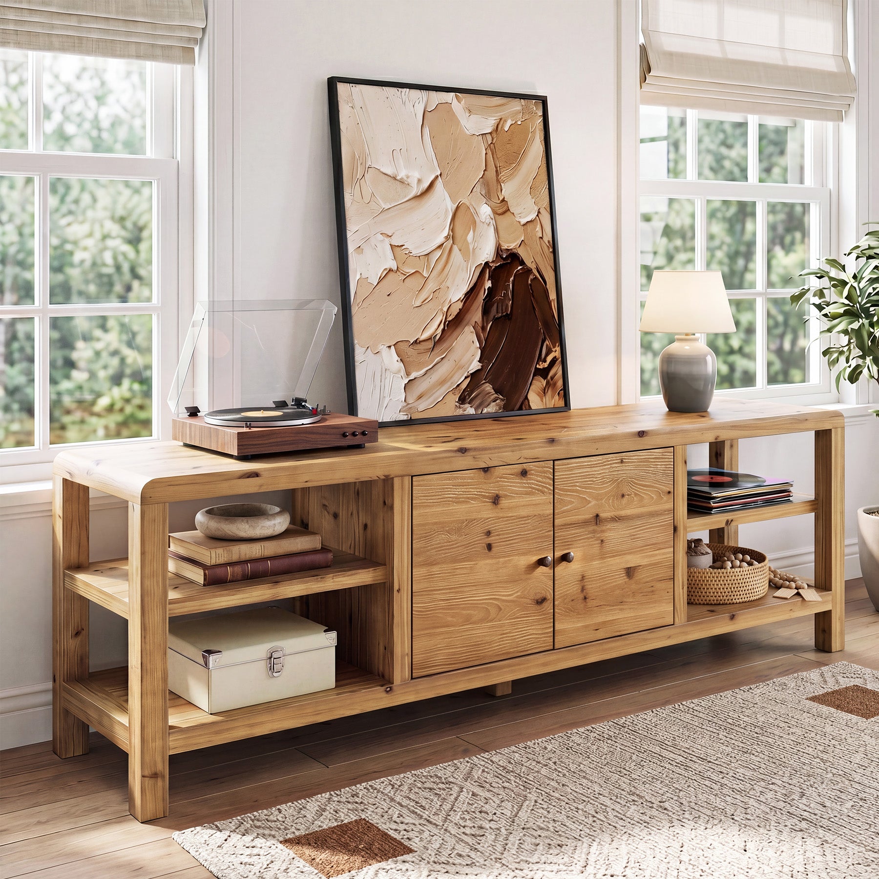 70.9-Inch Solid Wood TV Stand with Door and Storage Shelves, Farmhouse Entertainment Center for TVs up to 80 Inches