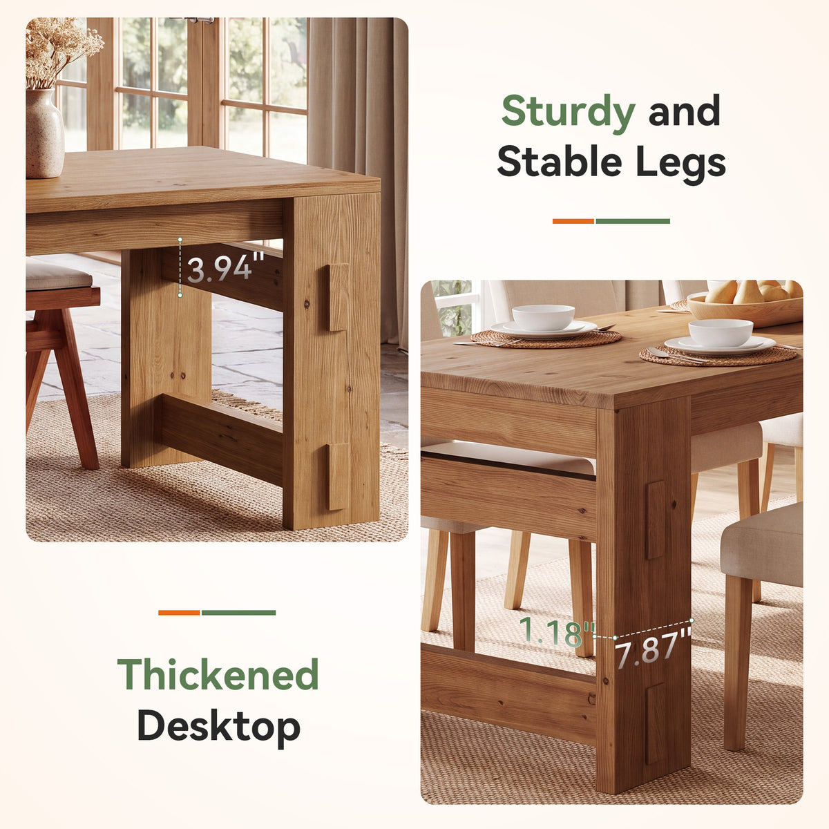 78.7" Solid Wood Dining Table, Rectanglular Kitchen Table with Heavy‑Duty Pedestal for 6-8