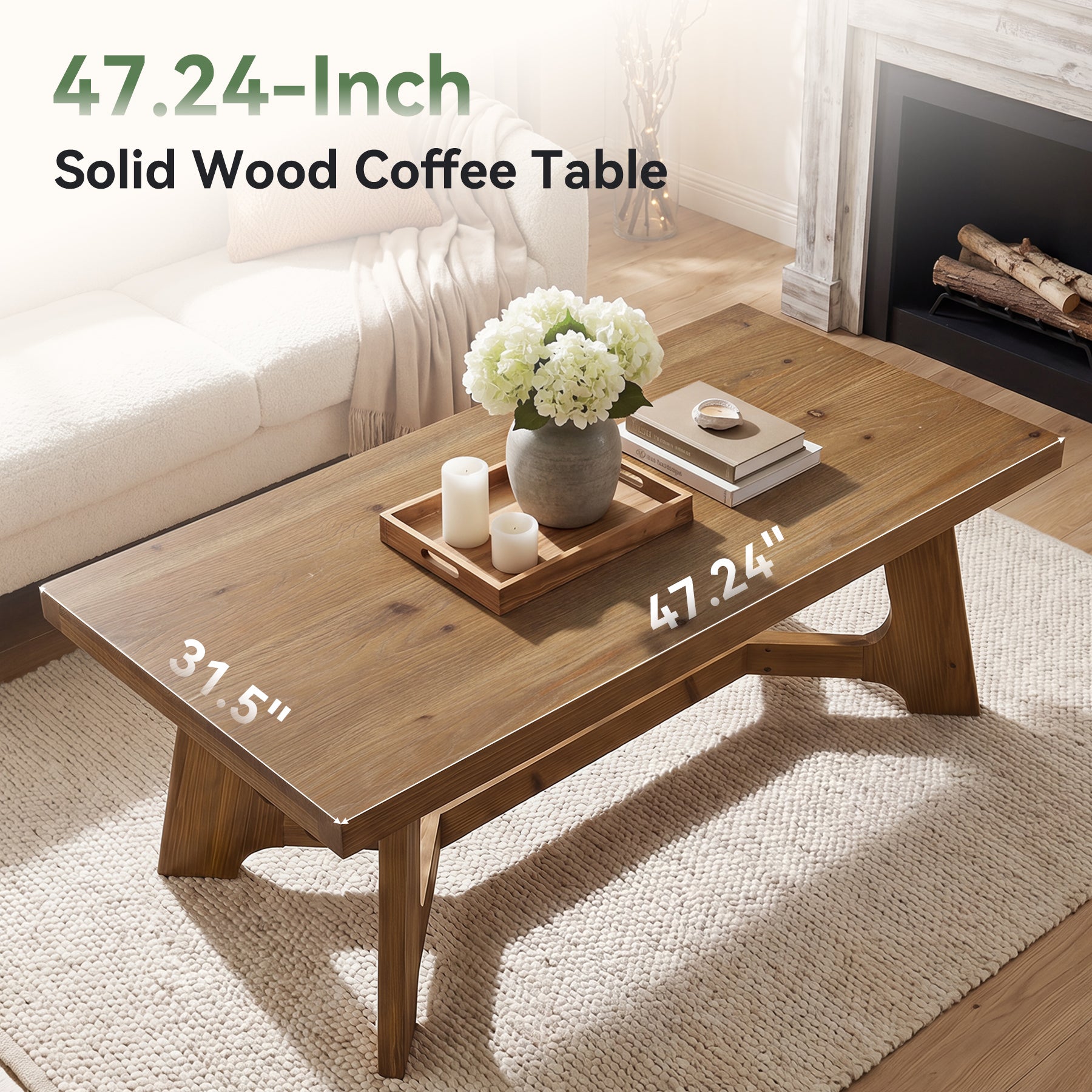 47" Solid Wood Coffee Table, Farmhouse Center Table for Living Room