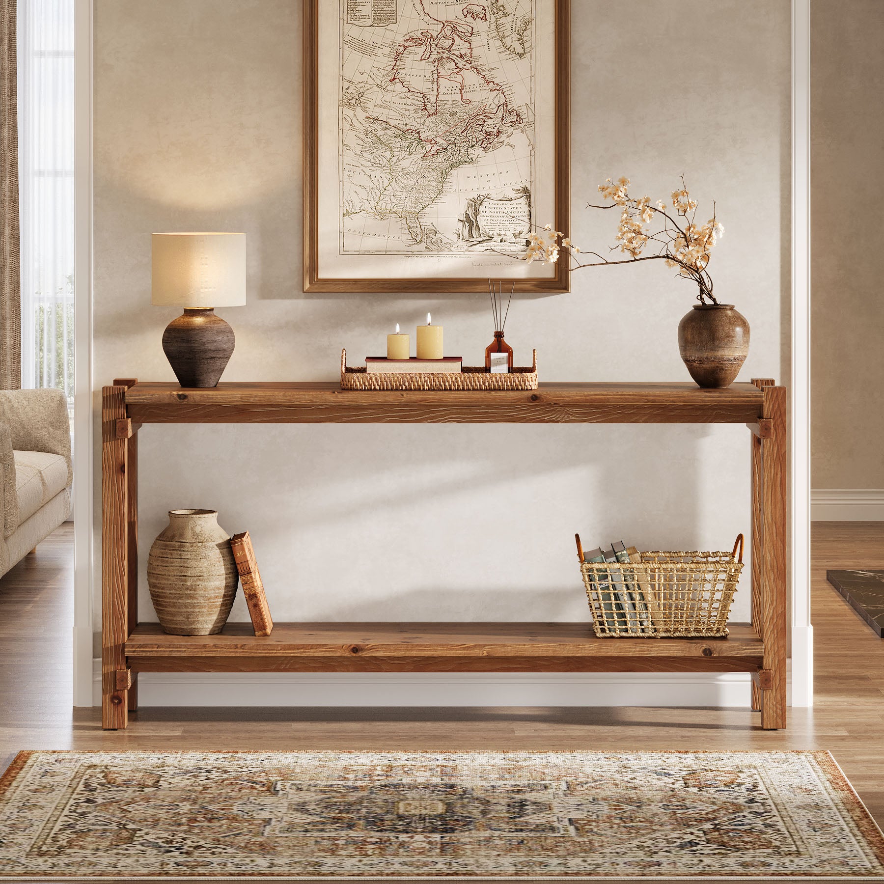 63" Solid Wood Console Table, 2-Tier Farmhouse Entryway Table with Storage