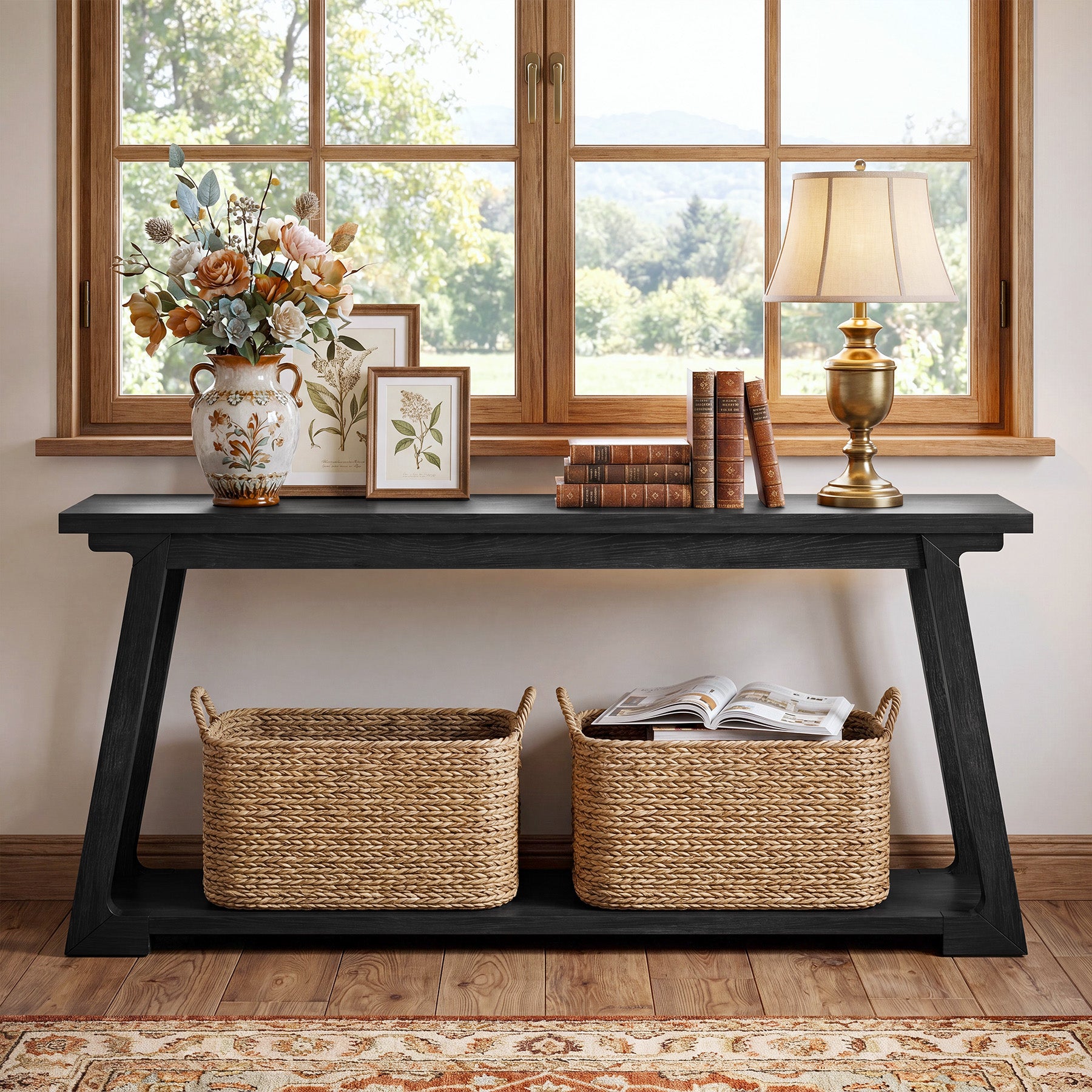 63" Console Table, Wood Sofa Table with 2-Tier Storage for Living Room