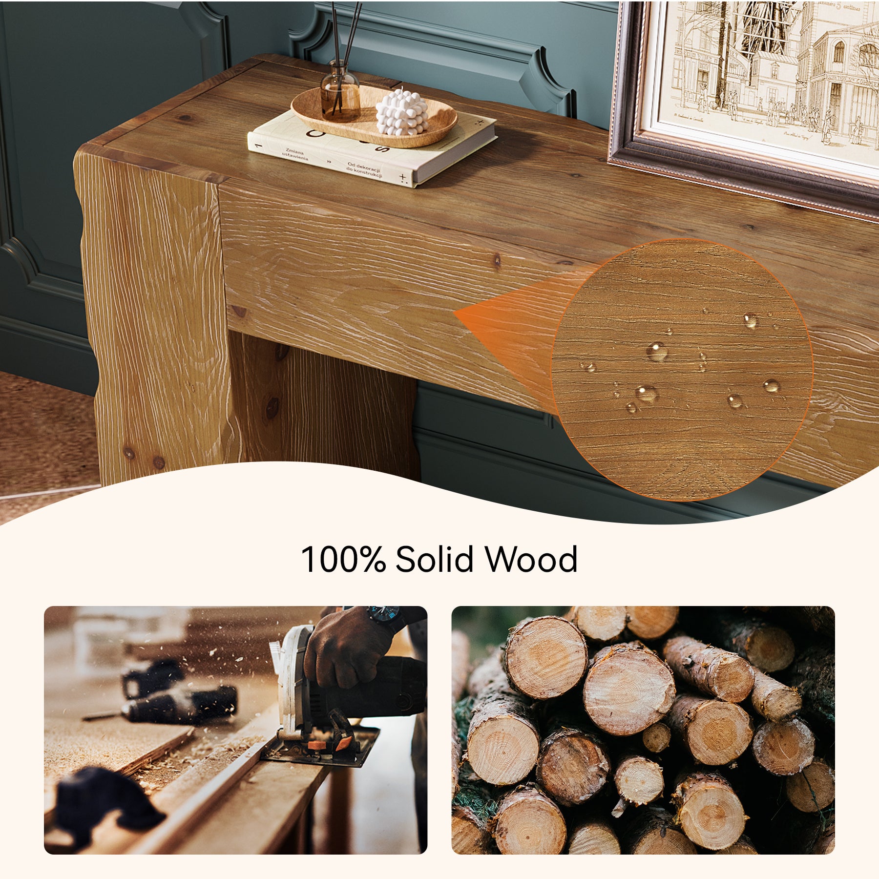 Solid Wood TV Stand for 65" TV, 63" Media Console with Hand Carved Wave Texture