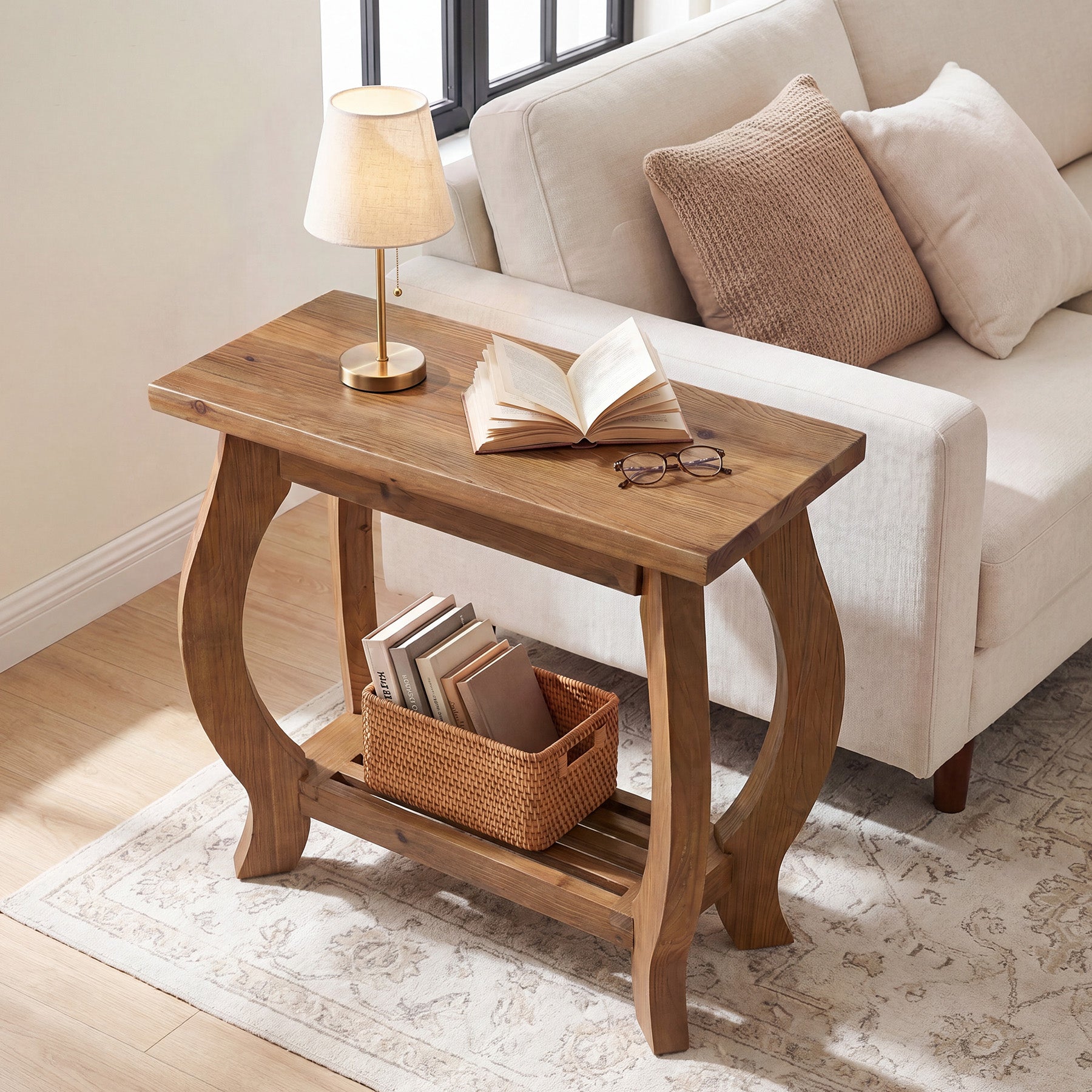 2-Tier Solid Wood End Table, Narrow Side Table with Shelf & Curved Legs for Small Spaces
