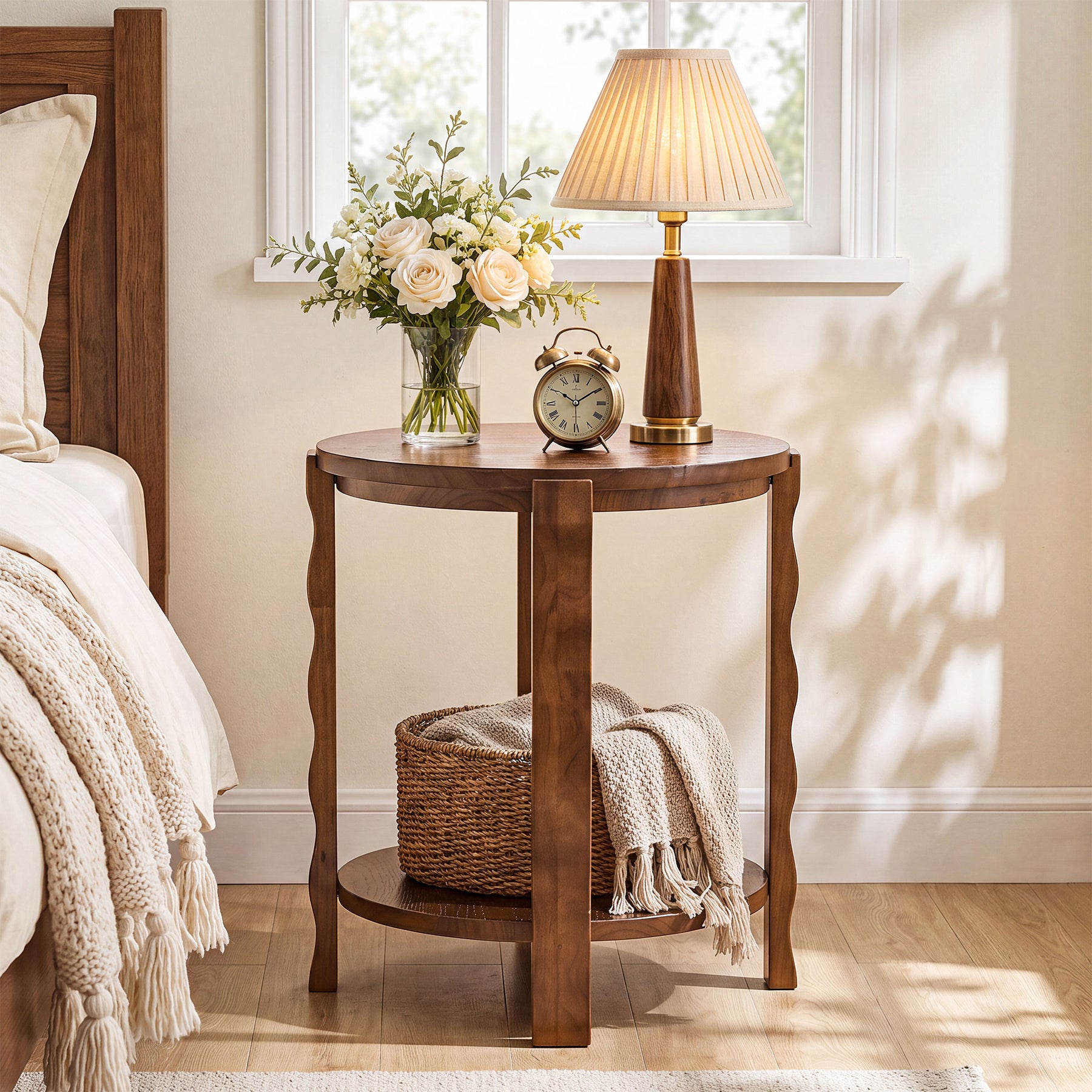 2-Tier Round Side Table, Wood End Table with Storage Shelf for Living Room