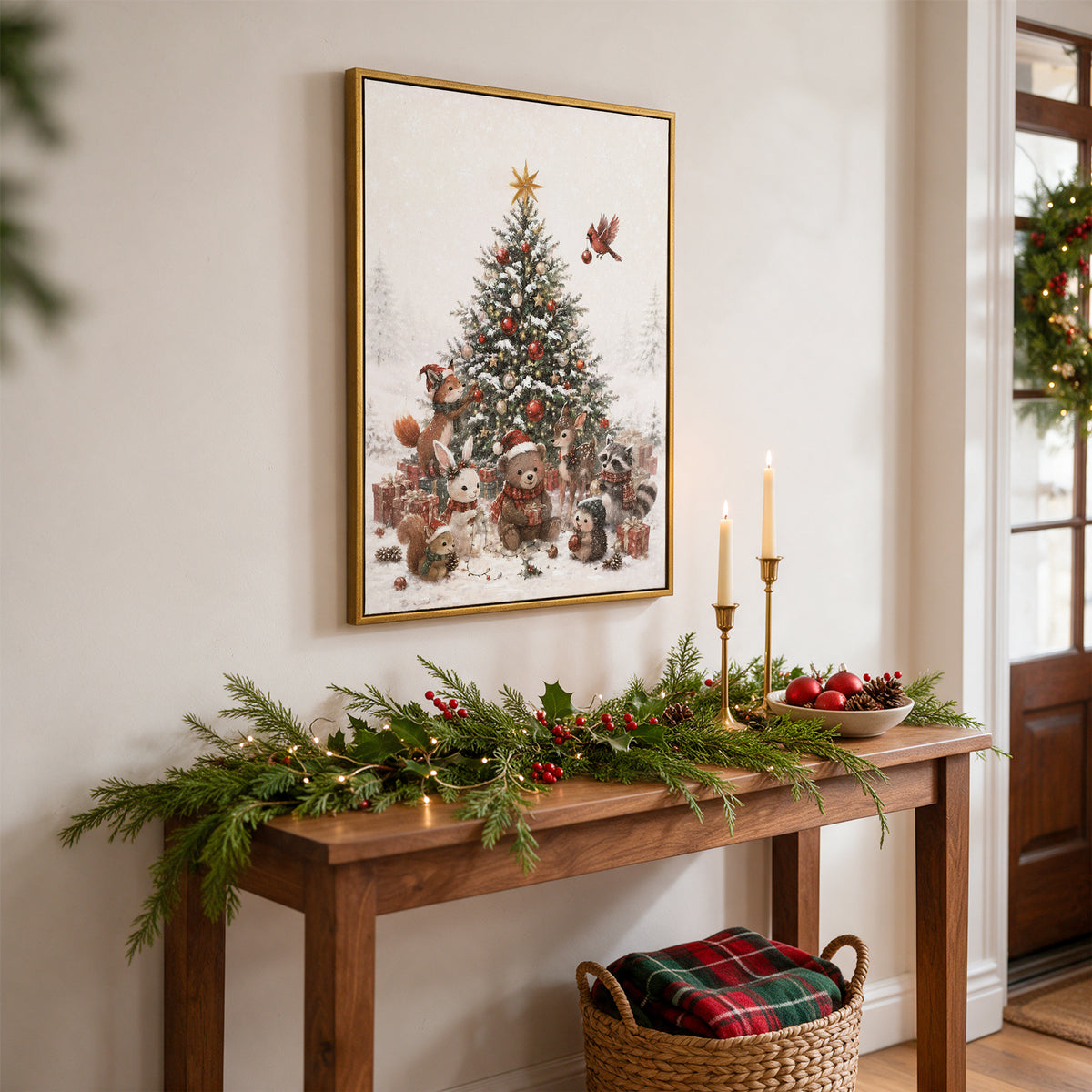 Watercolor Christmas Tree Wall Art, Red Velvet Bow, Rustic Farmhouse Framed Holiday Decor, Living Room