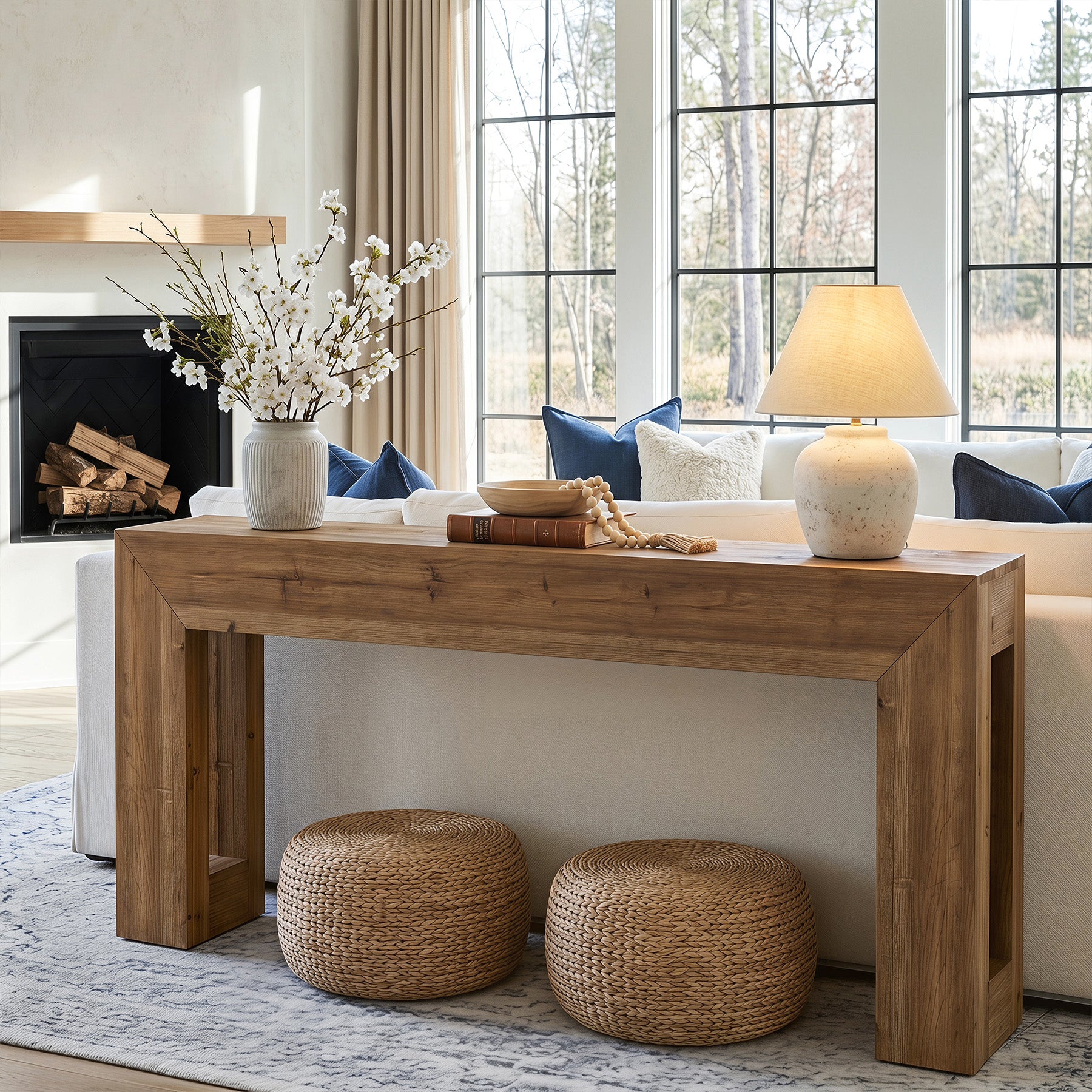 63-Inch Solid Wood Console Table with Geometric Frame, Natural Farmhouse Entryway Table