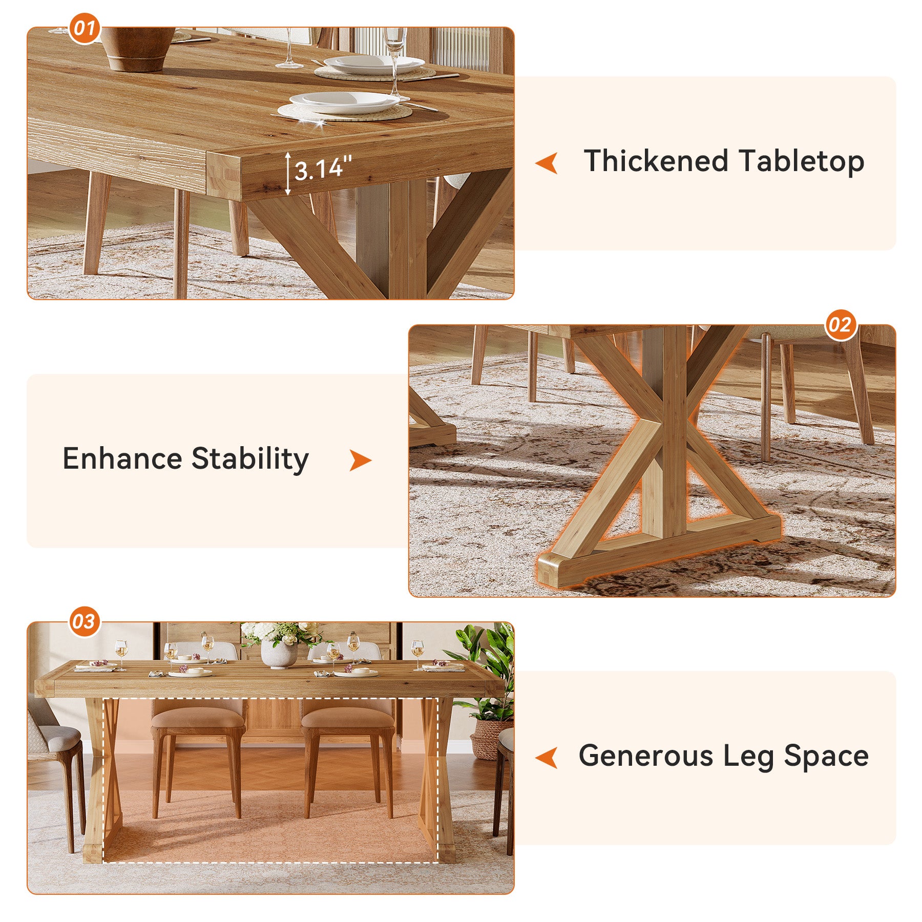 63" Solid Wood Dining Table, Rectangular Kitchen Table for 4-6