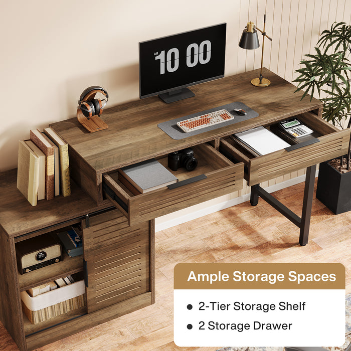 Wooden Computer Desk, Home Office Desk with Reversible Storage Cabinet